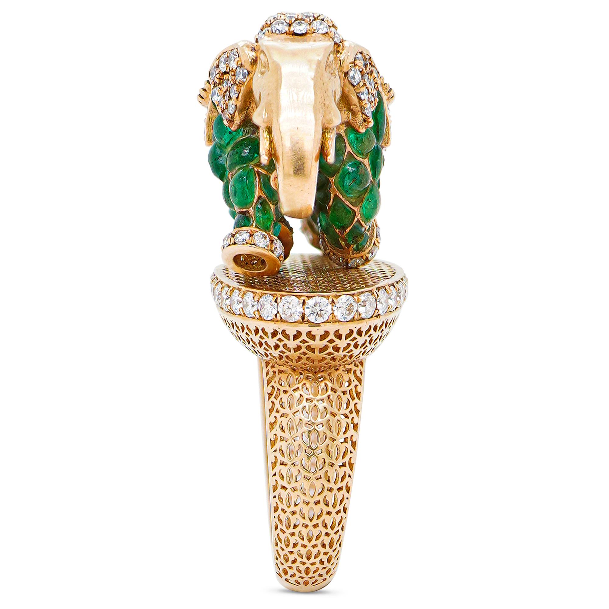 Art Nouveau 3.35 Carat Emerald & 2.36 Carat White Diamond ''Graceful Walk Elephant'' Ring For Sale