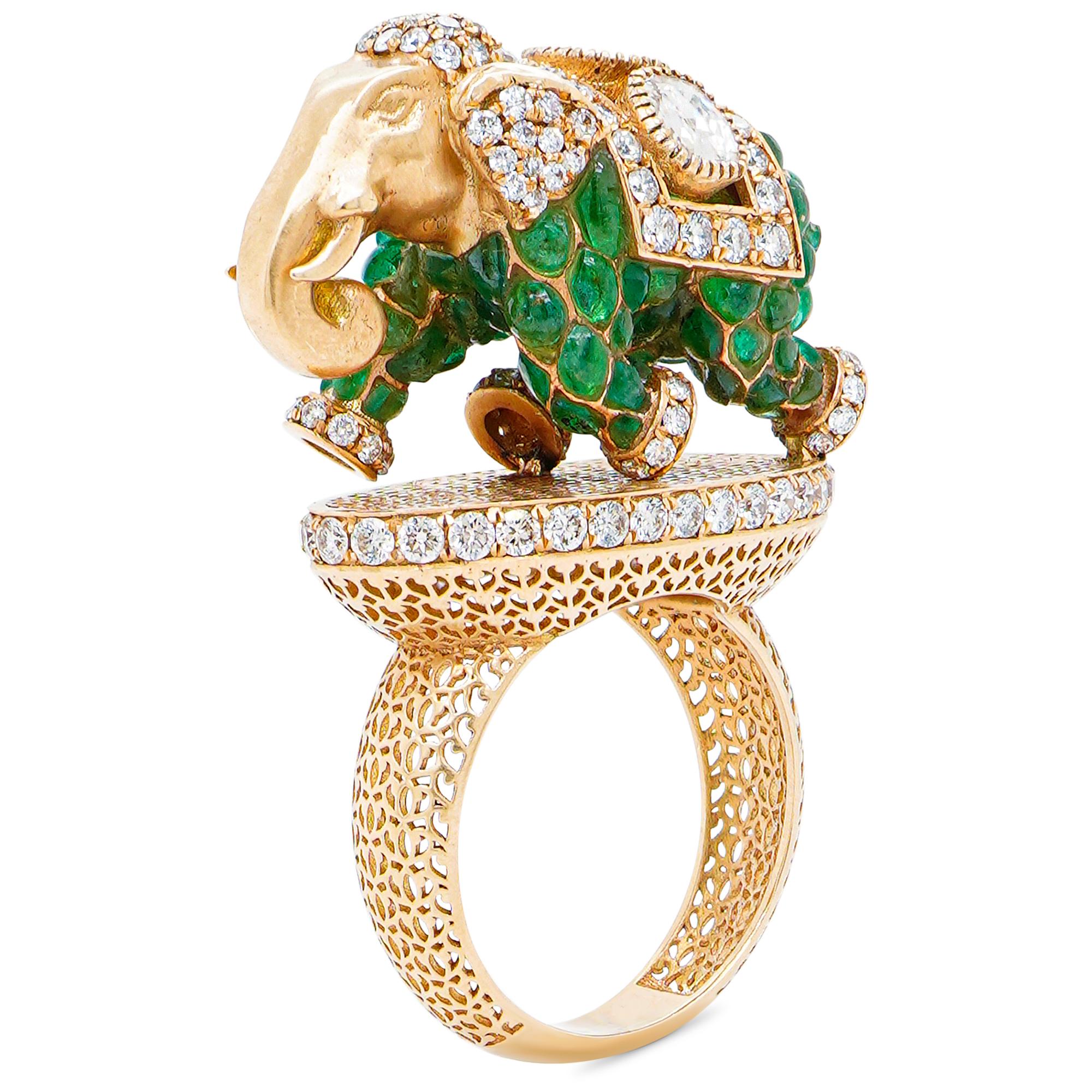 Oval Cut 3.35 Carat Emerald & 2.36 Carat White Diamond ''Graceful Walk Elephant'' Ring For Sale