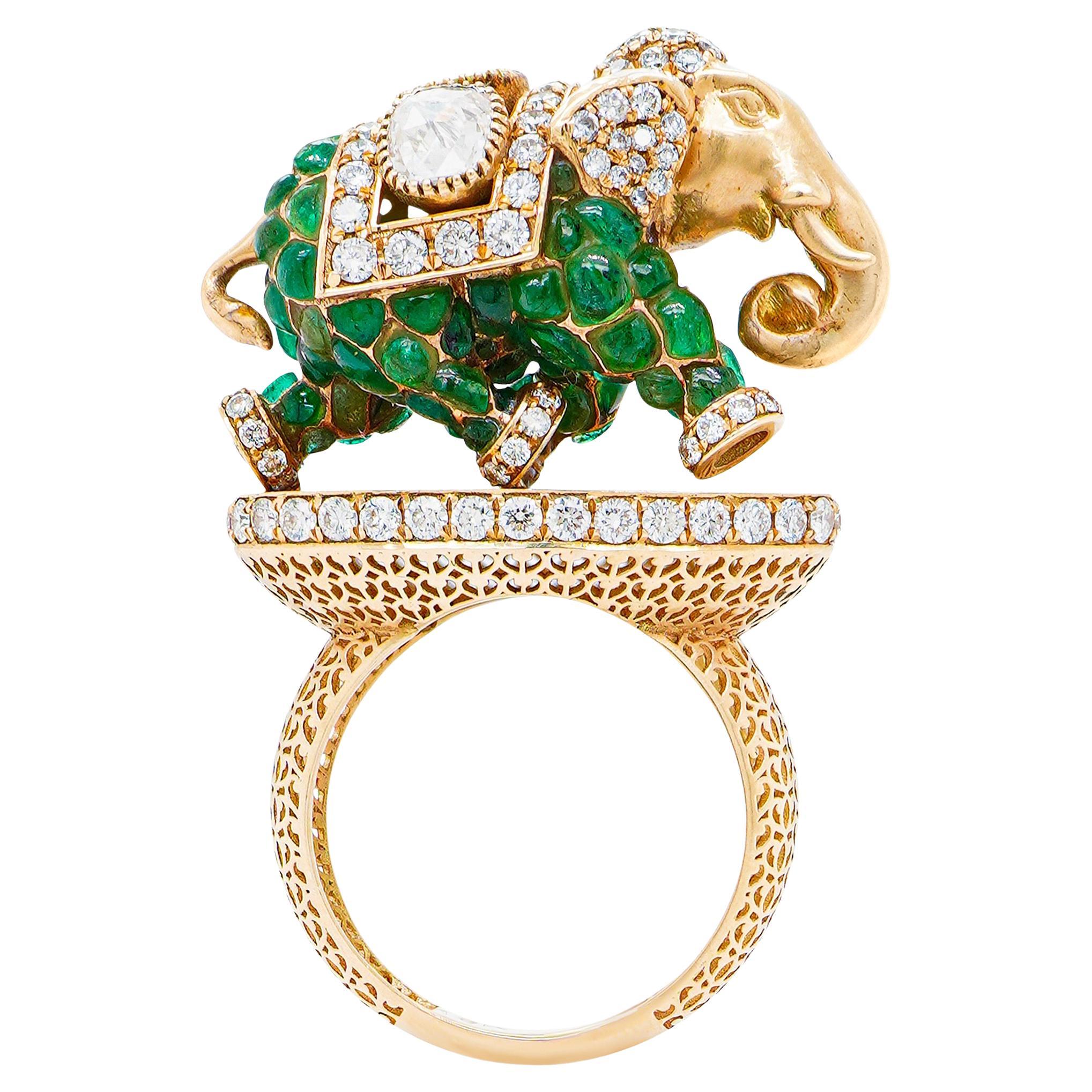 3.35 Carat Emerald & 2.36 Carat White Diamond ''Graceful Walk Elephant'' Ring