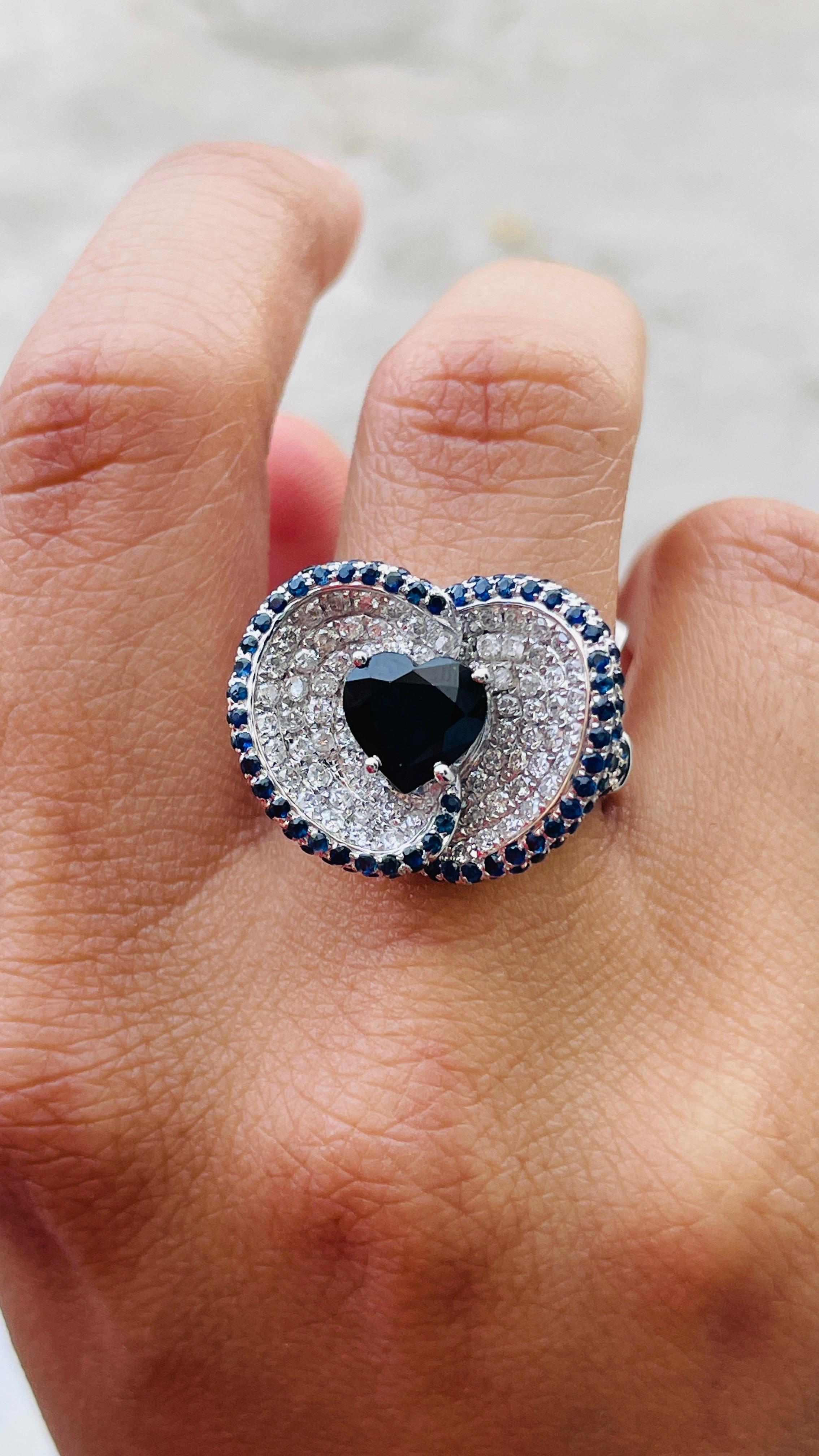 For Sale:  3.35 Carat Heart Cut Blue Sapphire and Diamond Unique Ring in 14K White Gold 5