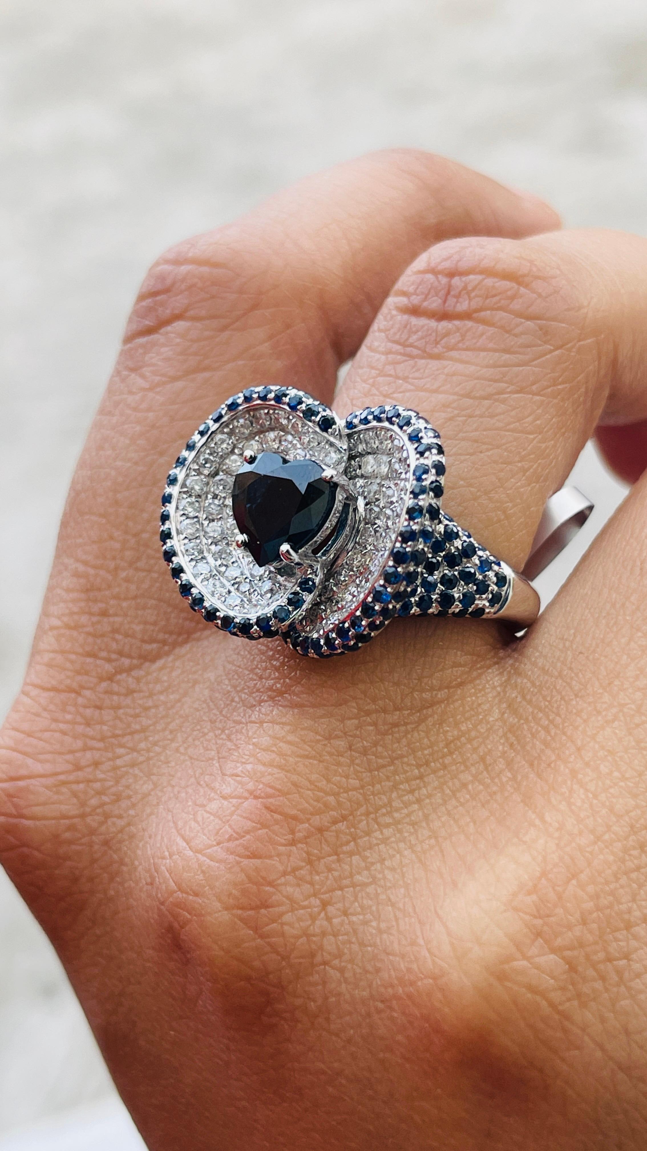 For Sale:  3.35 Carat Heart Cut Blue Sapphire and Diamond Unique Ring in 14K White Gold 6