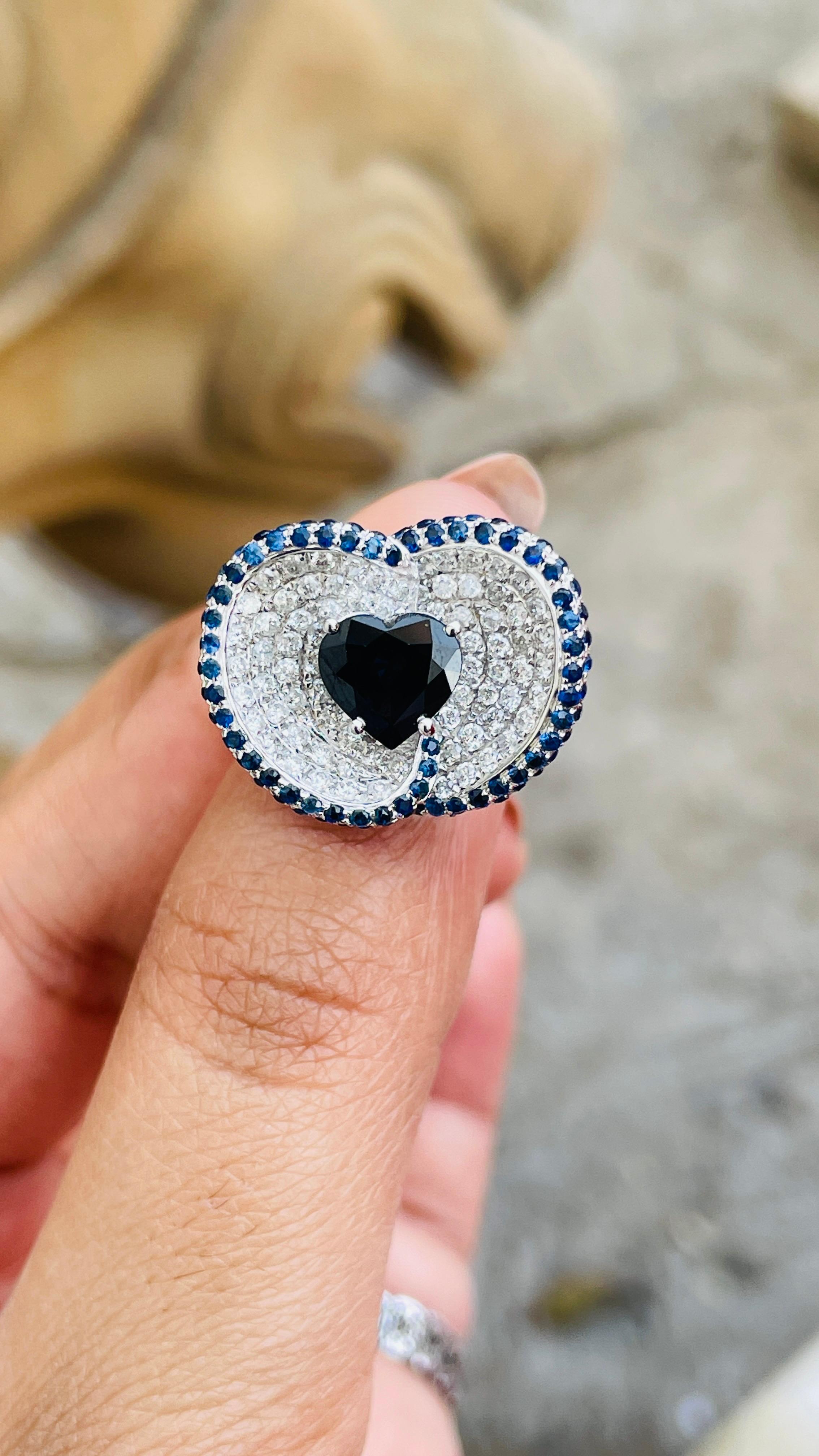 For Sale:  3.35 Carat Heart Cut Blue Sapphire and Diamond Unique Ring in 14K White Gold 7