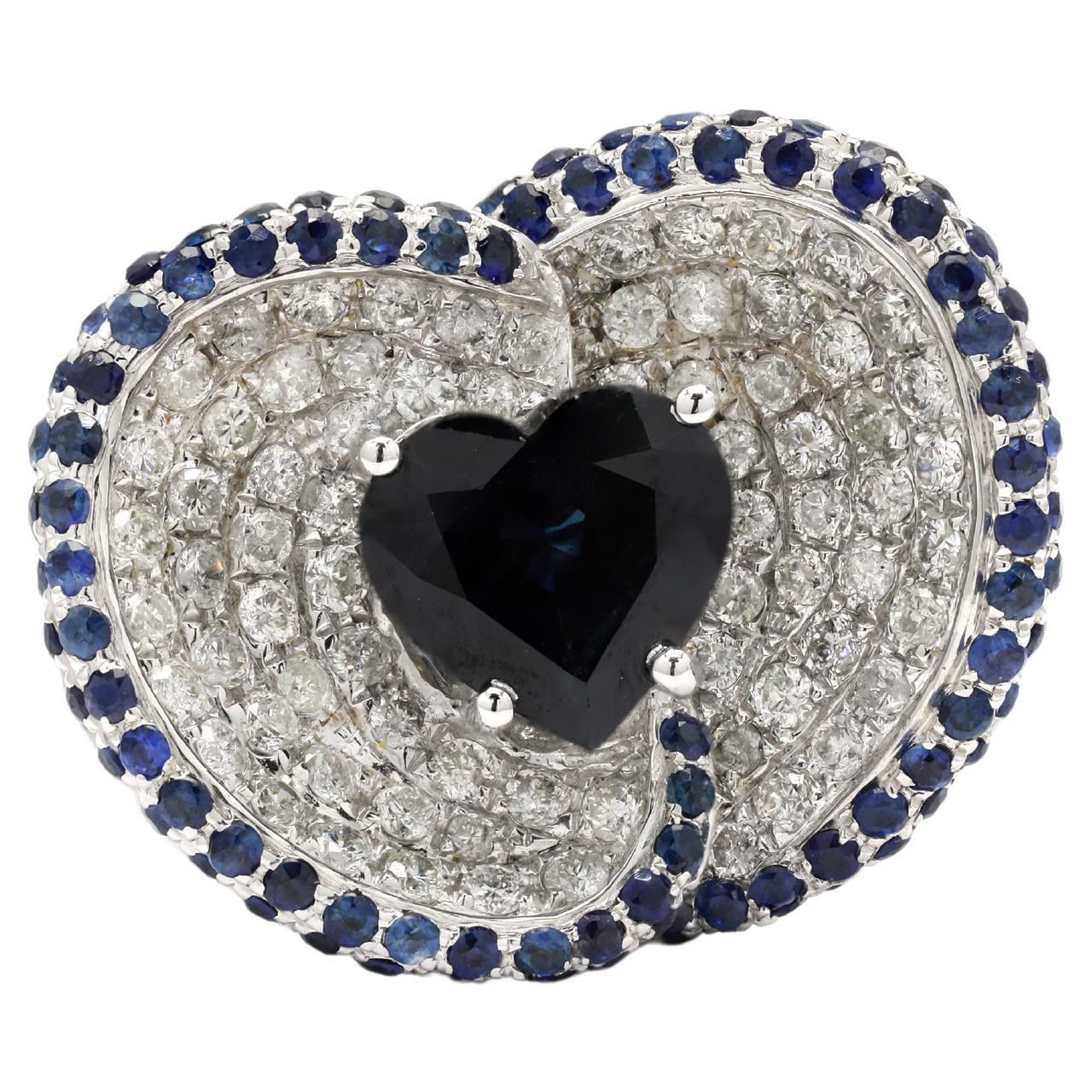 3.35 Carat Heart Cut Blue Sapphire and Diamond Unique Ring in 14K White Gold