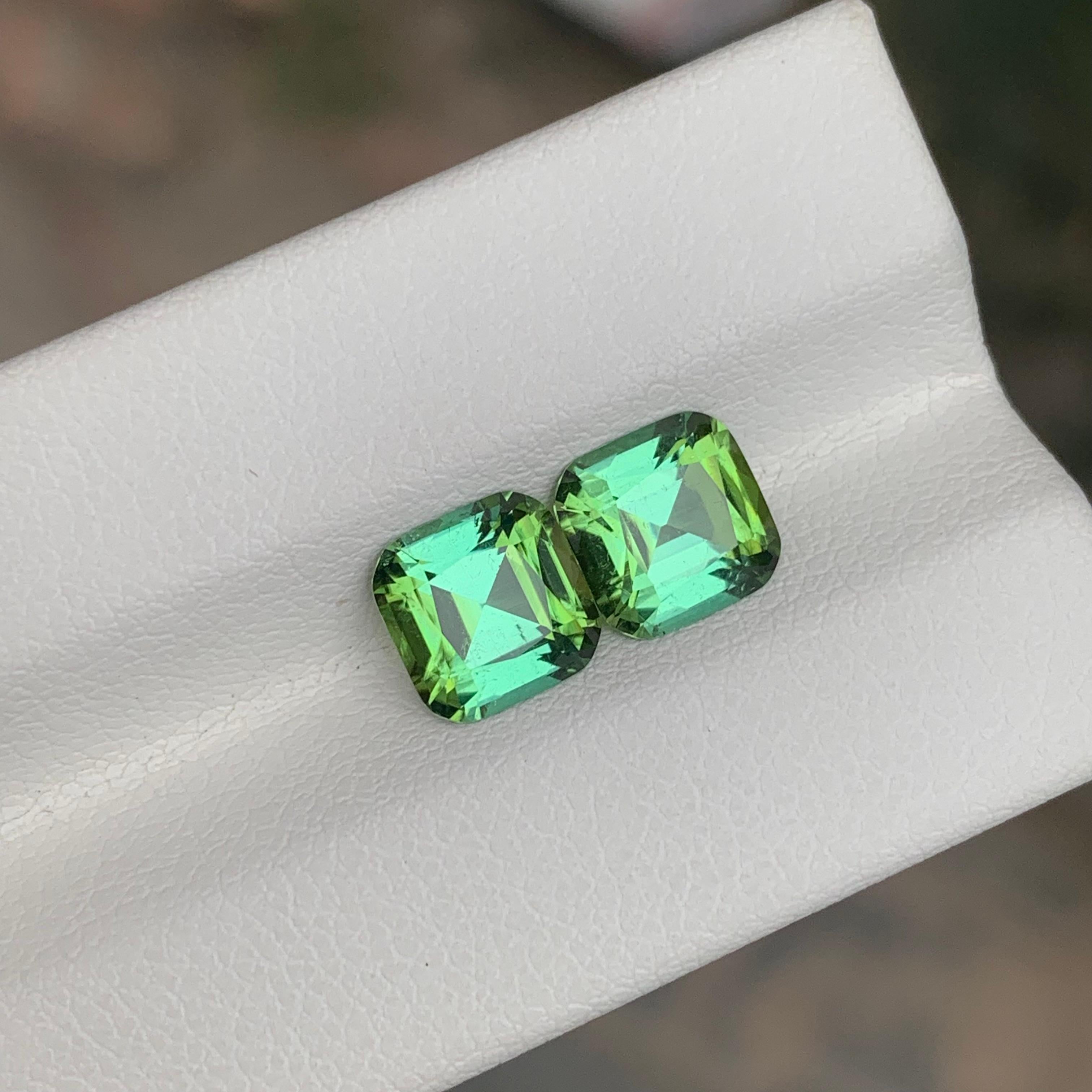 Faceted Green Tourmaline Pair 

Weight: 3.35 Carat
Dimension: 7.2 x 7.1 x 4.8 Mm And 
                    7.2 x 7.2 x 4.9 Mm 
Colour: Green 
Treatment: Non
Certificate: On Customer Demand
Shape: Square Cushion 


Tourmaline is a captivating gemstone