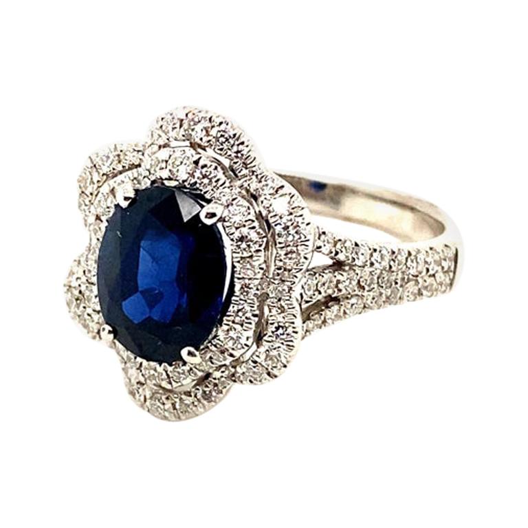 3.35 Carat Natural Oval Sapphire and Diamond Ring 18 Karat White Gold For Sale
