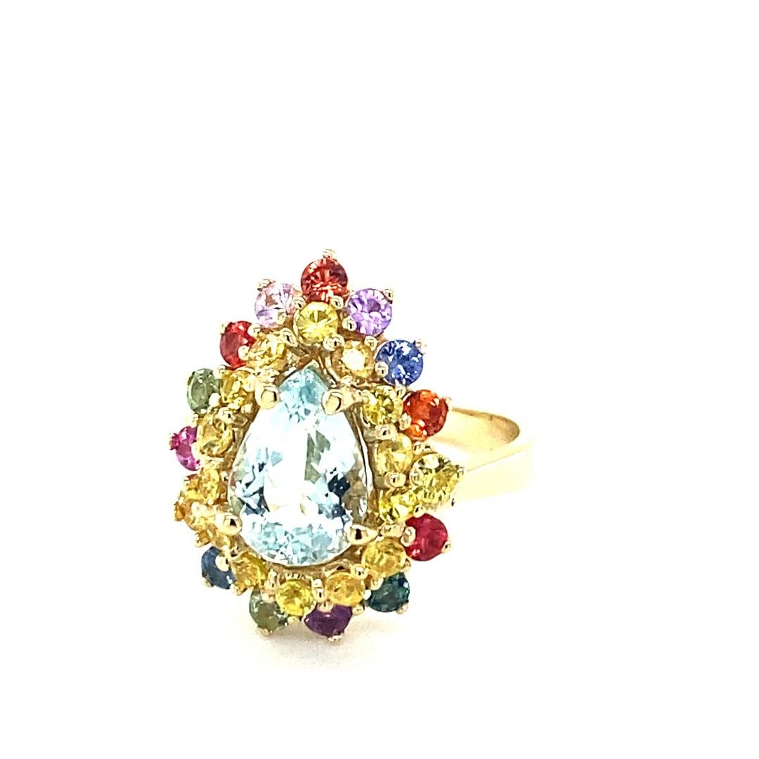 3.35 Carat Pear Cut Aquamarine Sapphire Yellow Gold Cocktail Ring In New Condition For Sale In Los Angeles, CA