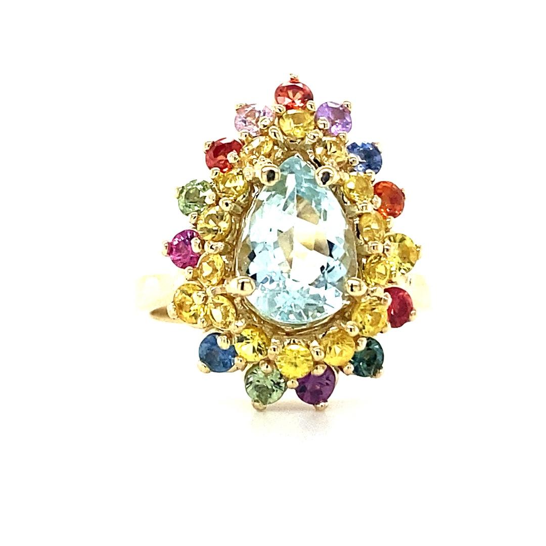 Anello cocktail in oro giallo con acquamarina e zaffiro da 3,35 carati con taglio a pera In condizioni Nuovo in vendita a Los Angeles, CA