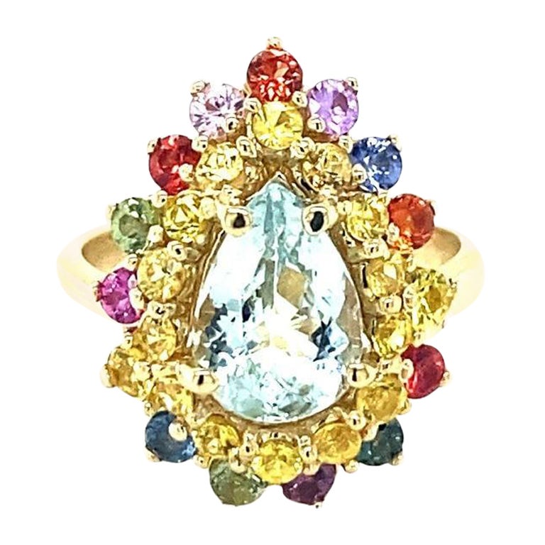Anello cocktail in oro giallo con acquamarina e zaffiro da 3,35 carati con taglio a pera