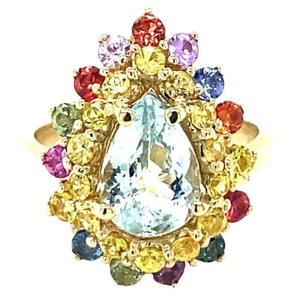 3.35 Carat Pear Cut Aquamarine Sapphire Yellow Gold Cocktail Ring For Sale