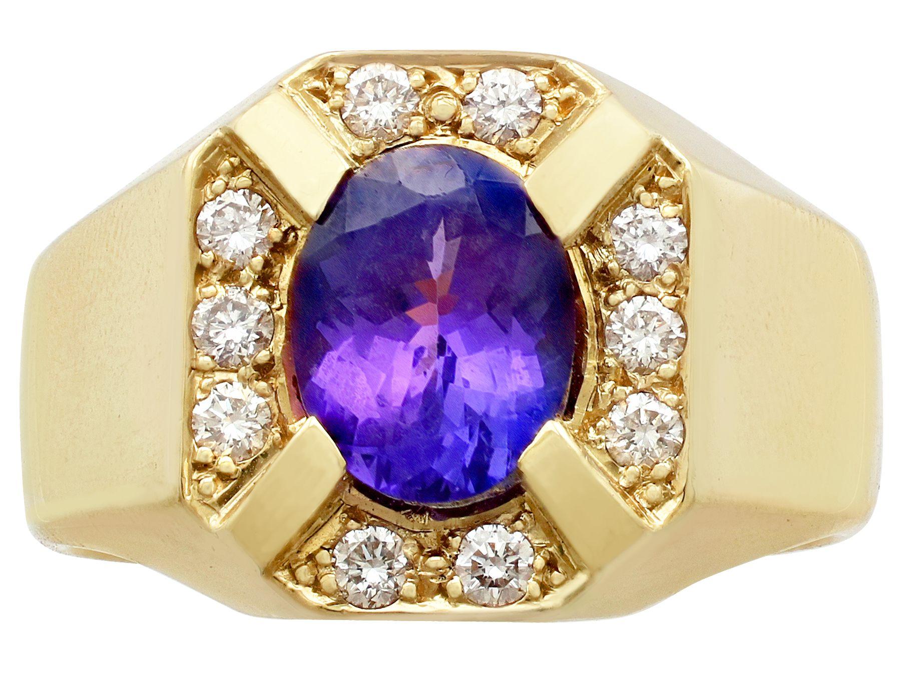 Women's or Men's 3.35 Carat Oval Cut Tanzanite and Diamond Yellow Gold Cocktail Ring For Sale