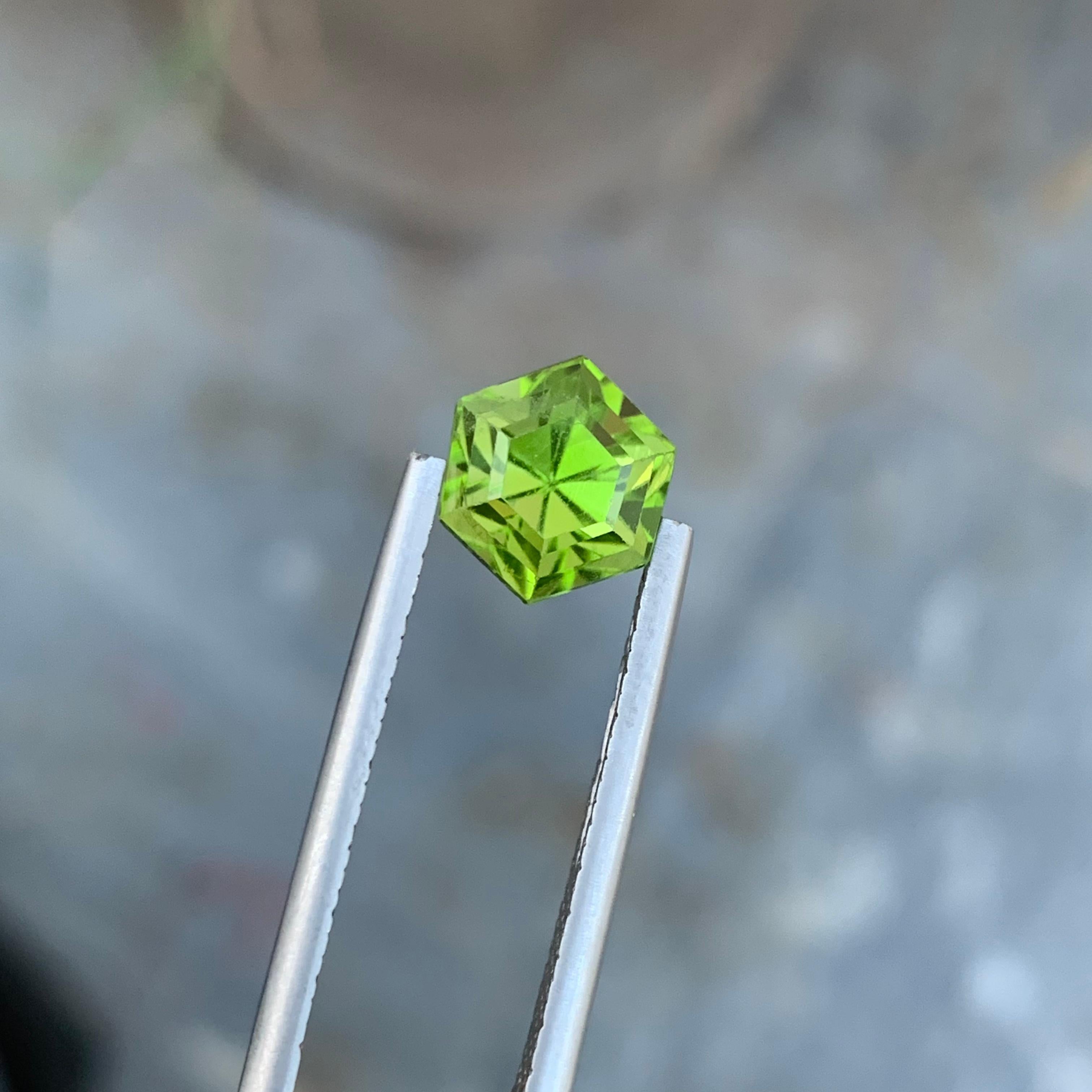 Faceted Peridot 
Weight: 3.35 Carats 
Dimension: 8.7x7.8x7.3 Mm
Origin: Supat Valley Pakistan 
Color; Green
Shape: Hexagon
Treatment: Non
Certficate: On Customer Demand 
Peridot, often referred to as the 