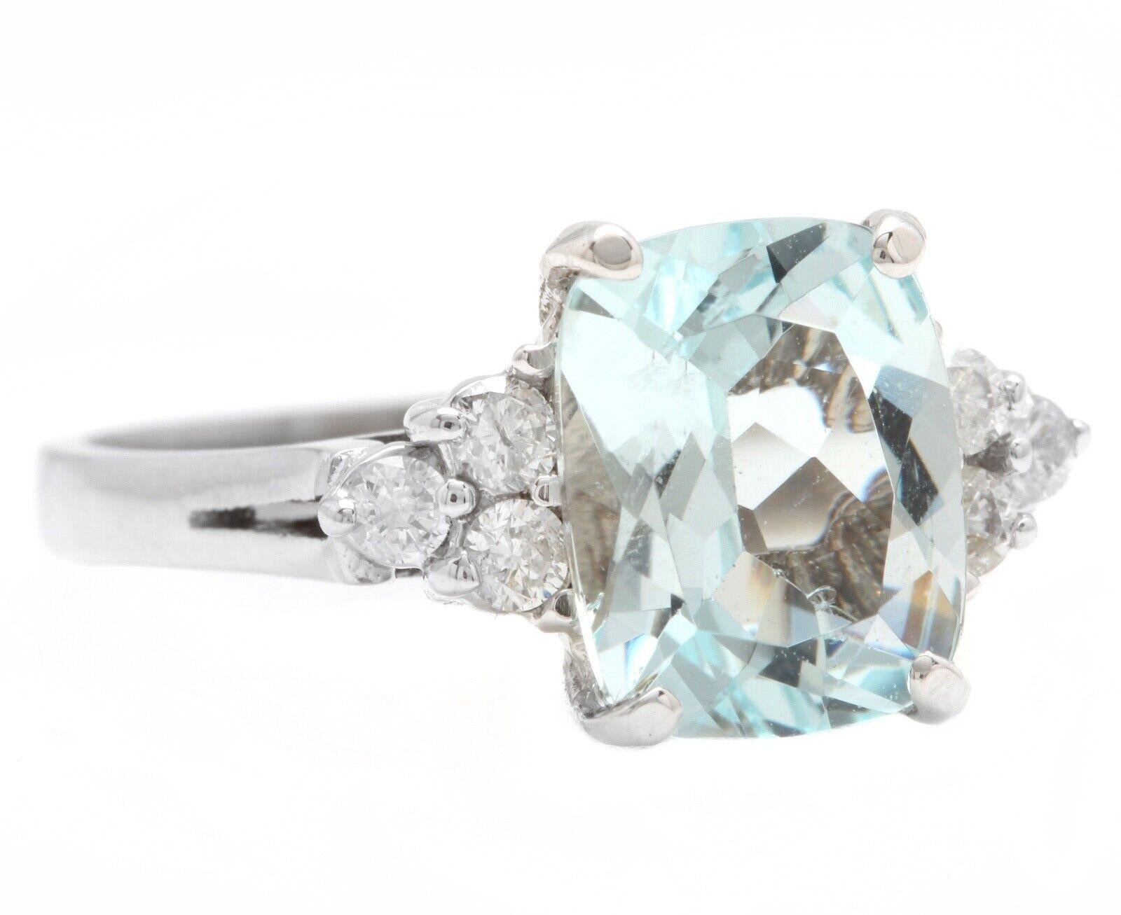 3.35 Carats Natural Aquamarine and Diamond 14K Solid White Gold Ring

Suggested Replacement Value: Approx. $4,000.00

Total Natural Cushion Aquamarine Weights: Approx. 3.00 Carats 

Aquamarine Measures: Approx. 10.00 x 8.00mm

Aquamarine Treatment: