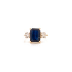 3.35 Ct Emerald Cut Sapphire & Diamond Three-Stone Engagement Ring in 14K Gold