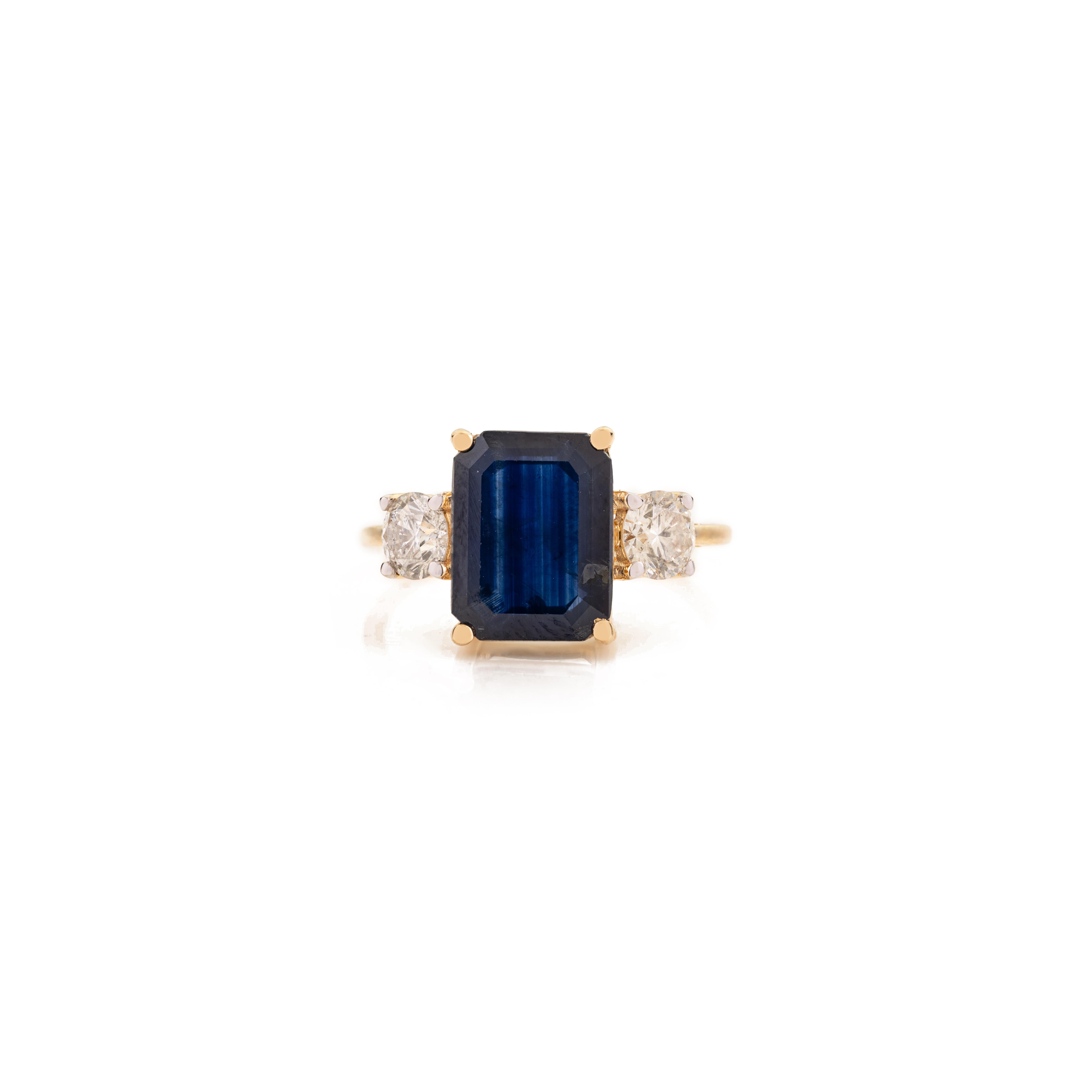 3.35 Ct Emerald Cut Sapphire & Diamond Three-Stone Engagement Ring in 14K Gold