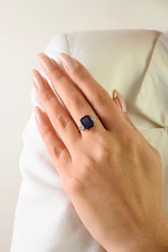 3.35 Ct Emerald Cut Sapphire & Diamond Three-Stone Engagement Ring in 18K Gold