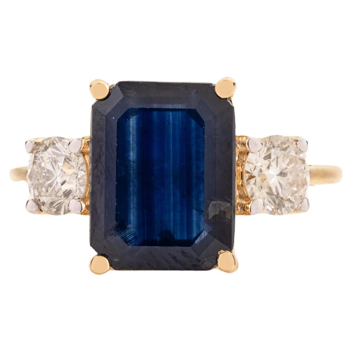 3.35 Ct Emerald Cut Sapphire & Diamond Three-Stone Engagement Ring in 18K Gold