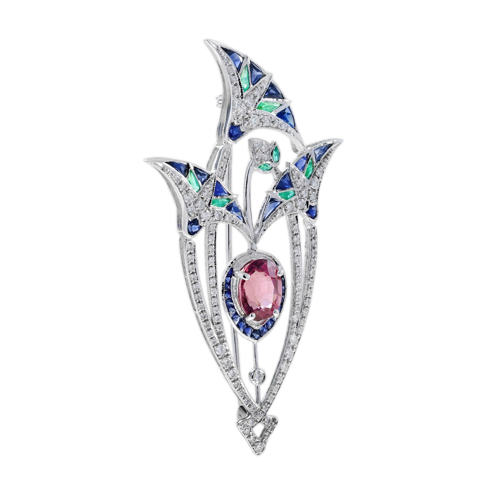 Art Deco 3.35 Ct. Pink Tourmaline Multi Gemstone Antique Style Brooch in 18K White Gold