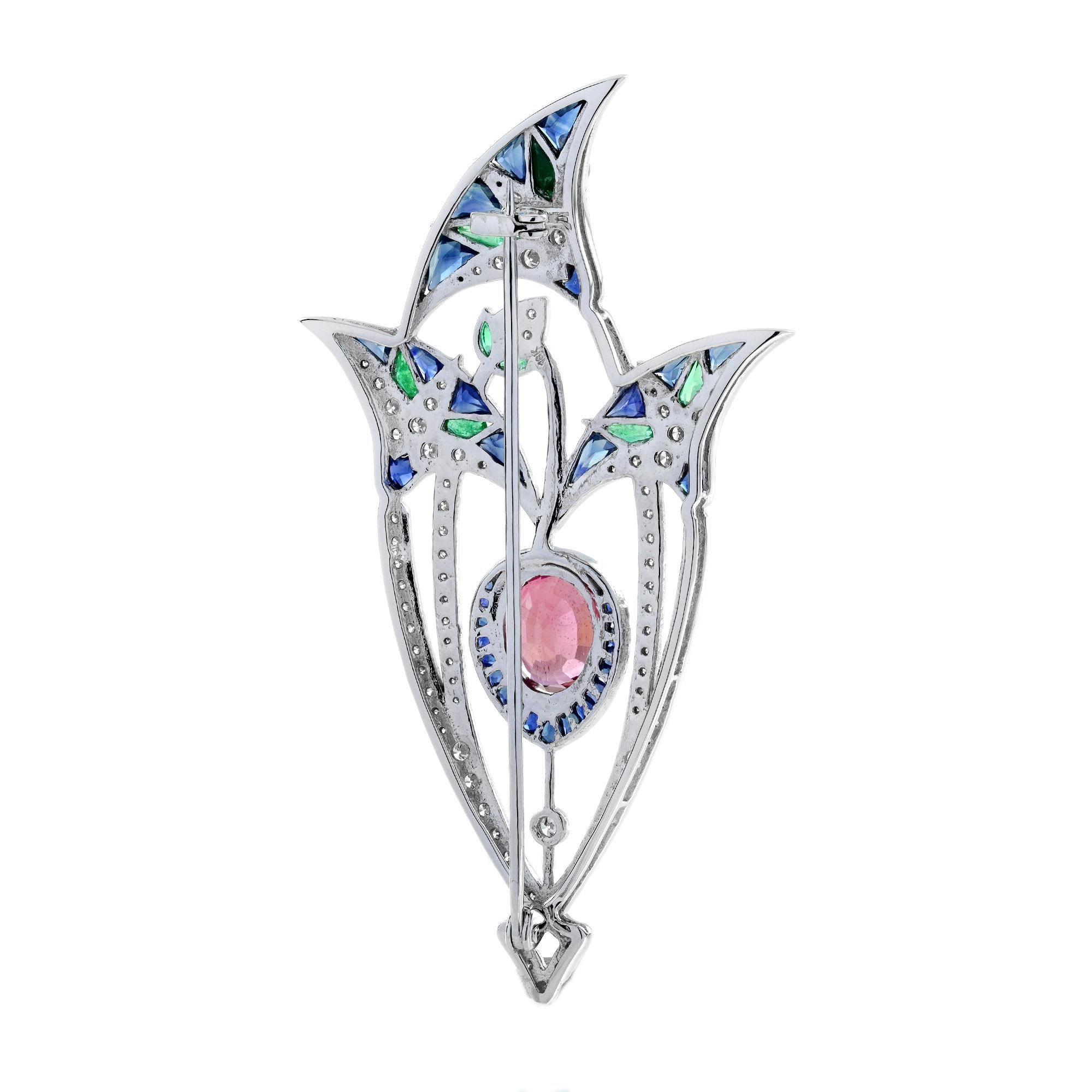 Oval Cut 3.35 Ct. Pink Tourmaline Multi Gemstone Antique Style Brooch in 18K White Gold