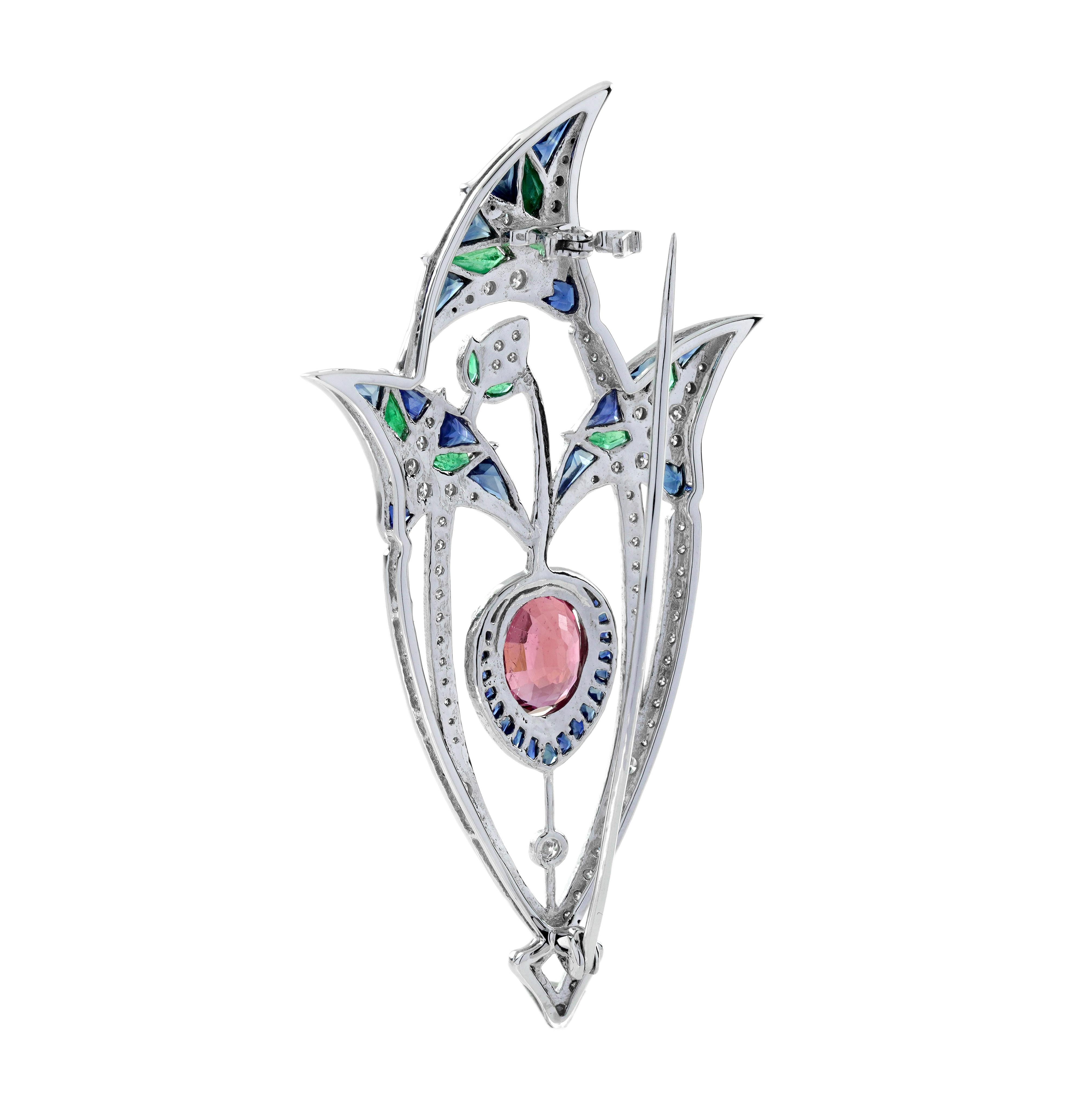3.35 Ct. Pink Tourmaline Multi Gemstone Antique Style Brooch in 18K White Gold In New Condition In Bangkok, TH