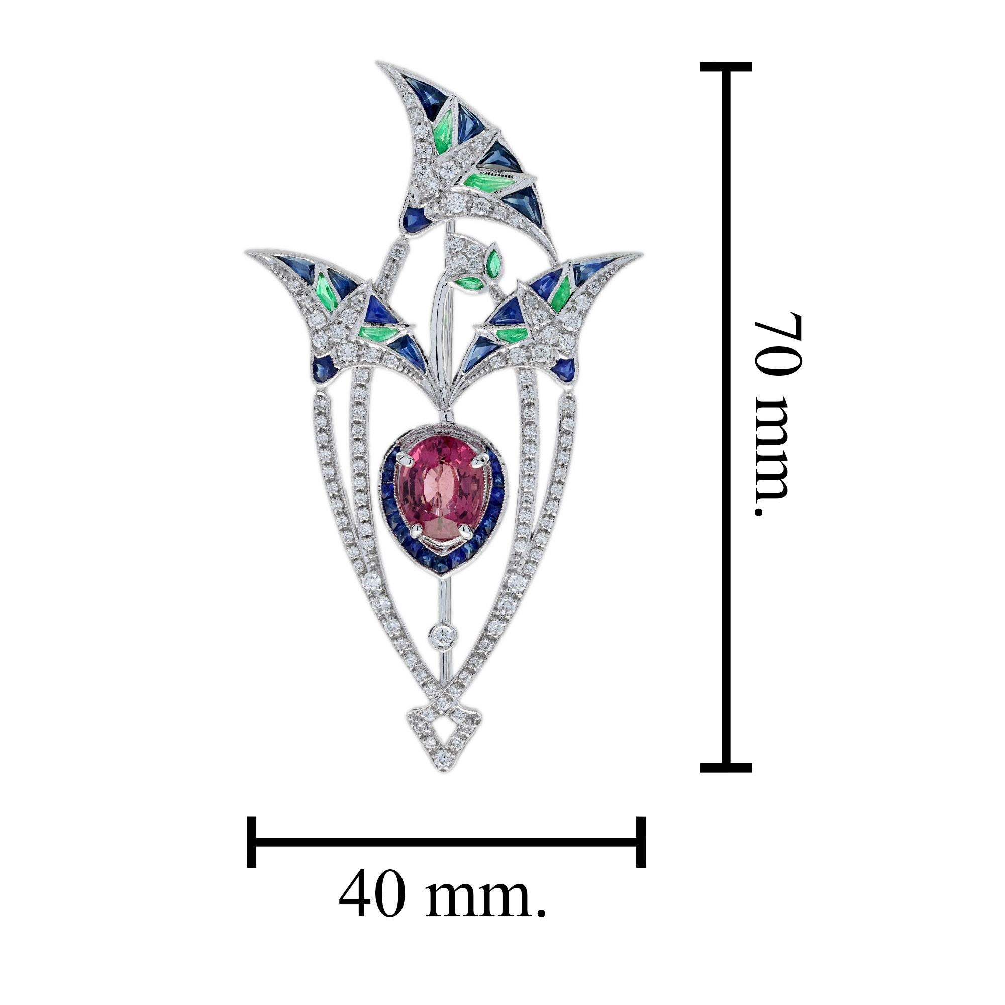 Women's 3.35 Ct. Pink Tourmaline Multi Gemstone Antique Style Brooch in 18K White Gold