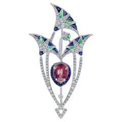 3.35 Ct. Pink Tourmaline Multi Gemstone Antique Style Brooch in 18K White Gold