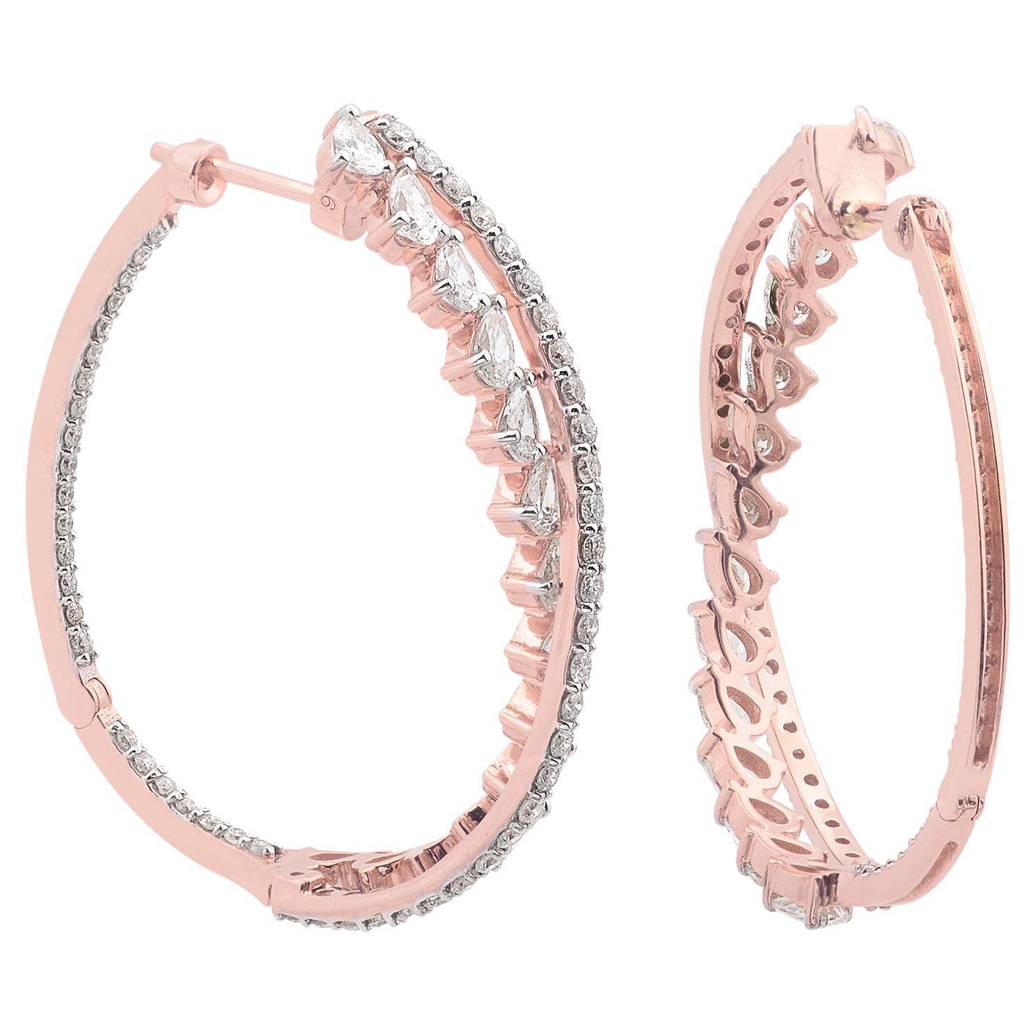 3.35 Ct SI Clarity HI Color Pear Round Diamond Hoop Earrings 14 Karat Rose Gold For Sale