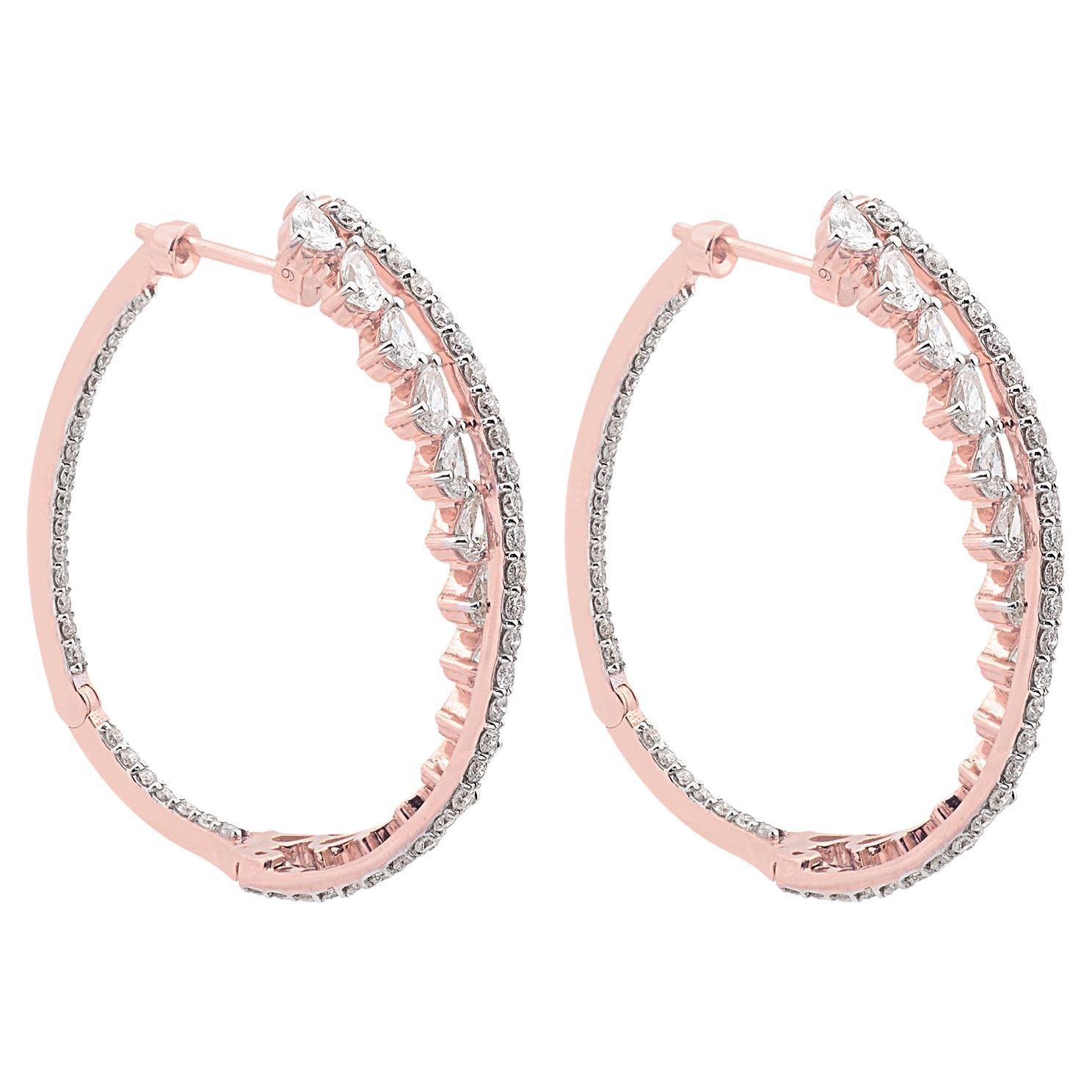 3,35 Karat SI Reinheit HI Farbe Birnenförmige runde Diamant-Creolen 14 Karat Roségold im Angebot
