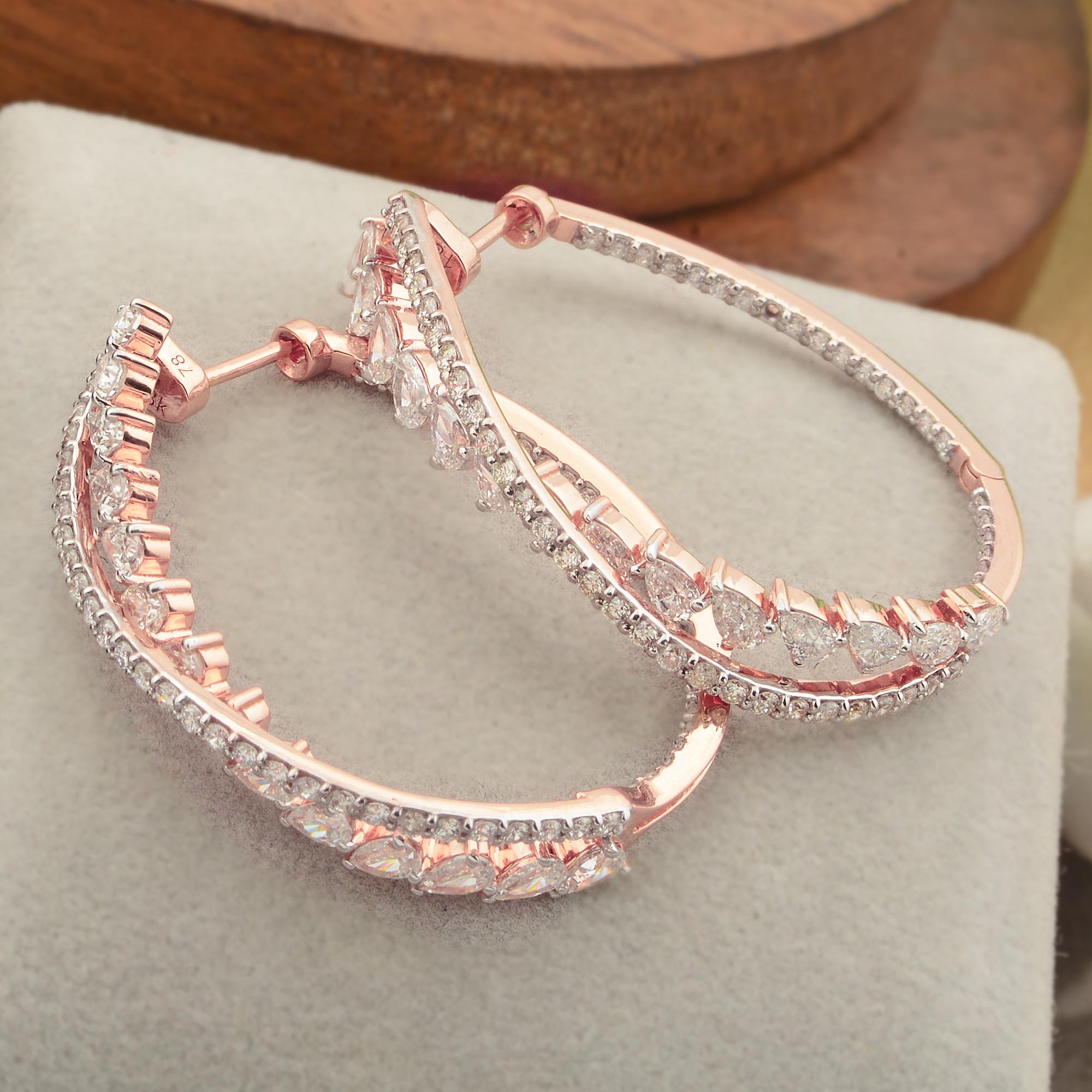 Modern 3.35 Ct SI Clarity HI Color Pear Round Diamond Hoop Earrings 18 Karat Rose Gold For Sale