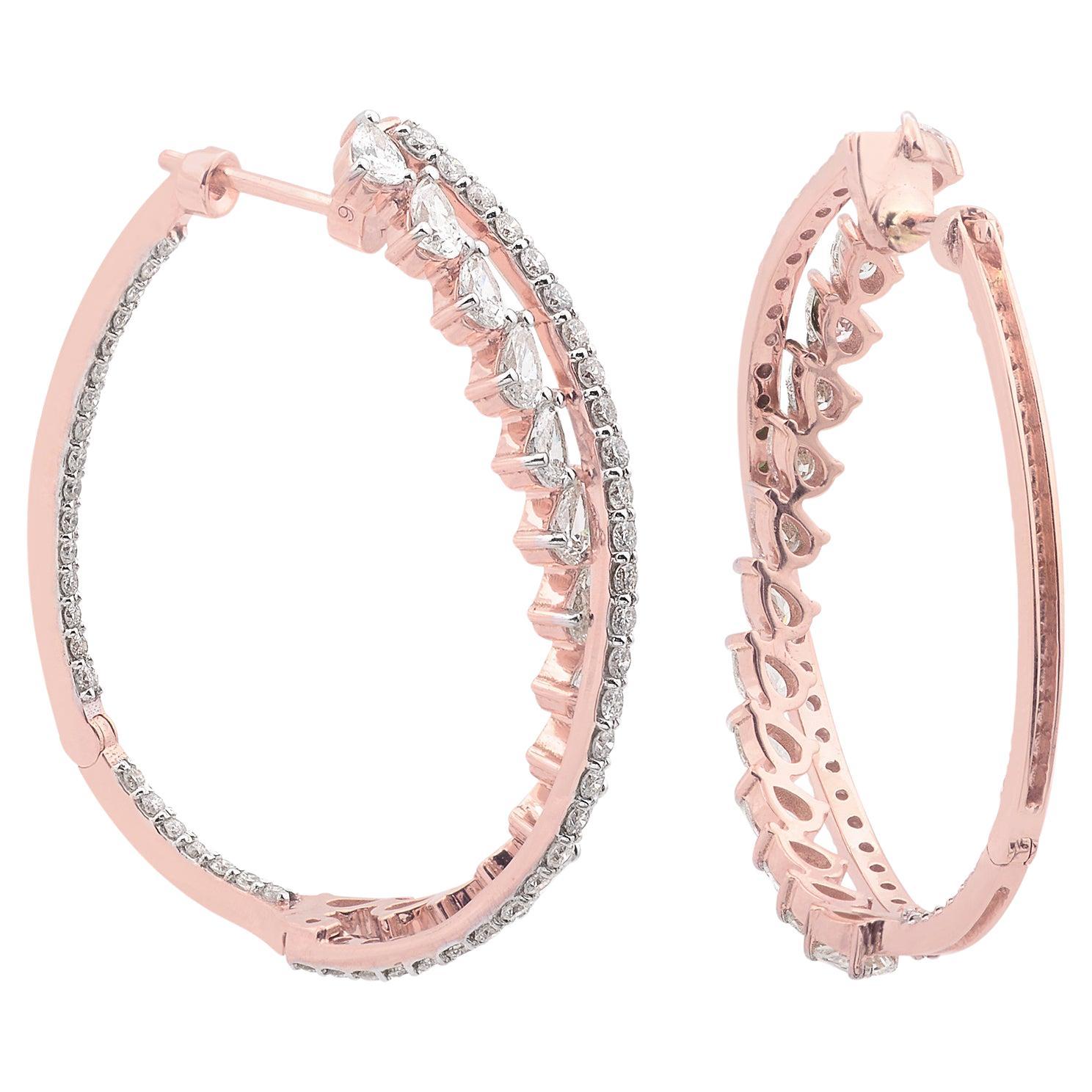 Orecchini a cerchio con diamanti rotondi a forma di pera da 3,35 carati SI Clarity HI Color Oro rosa 18 carati