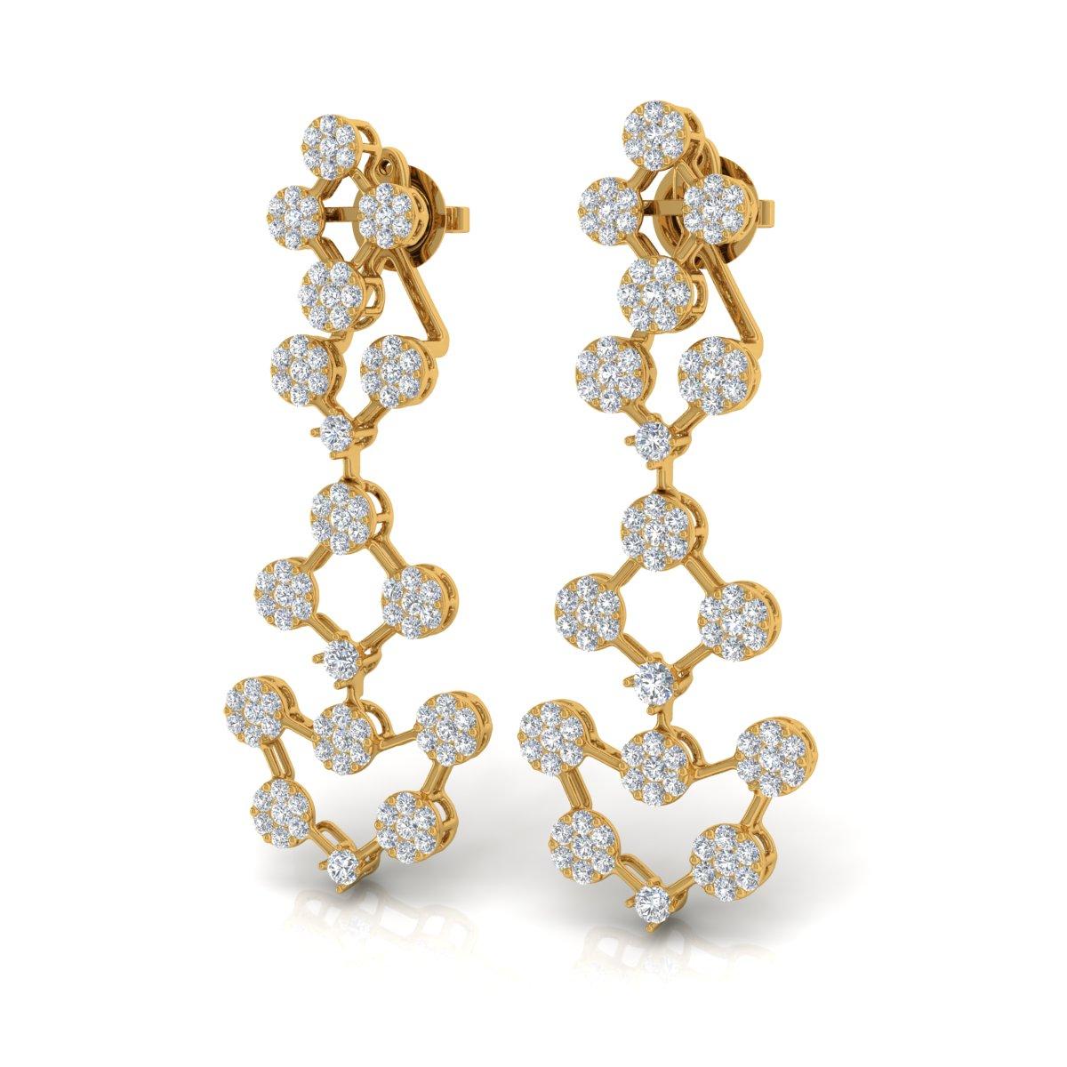 Taille ronde 3.35 Ct SI/HI Diamond Chandelier Dangle Earrings 14k Yellow Gold Jewelry en vente