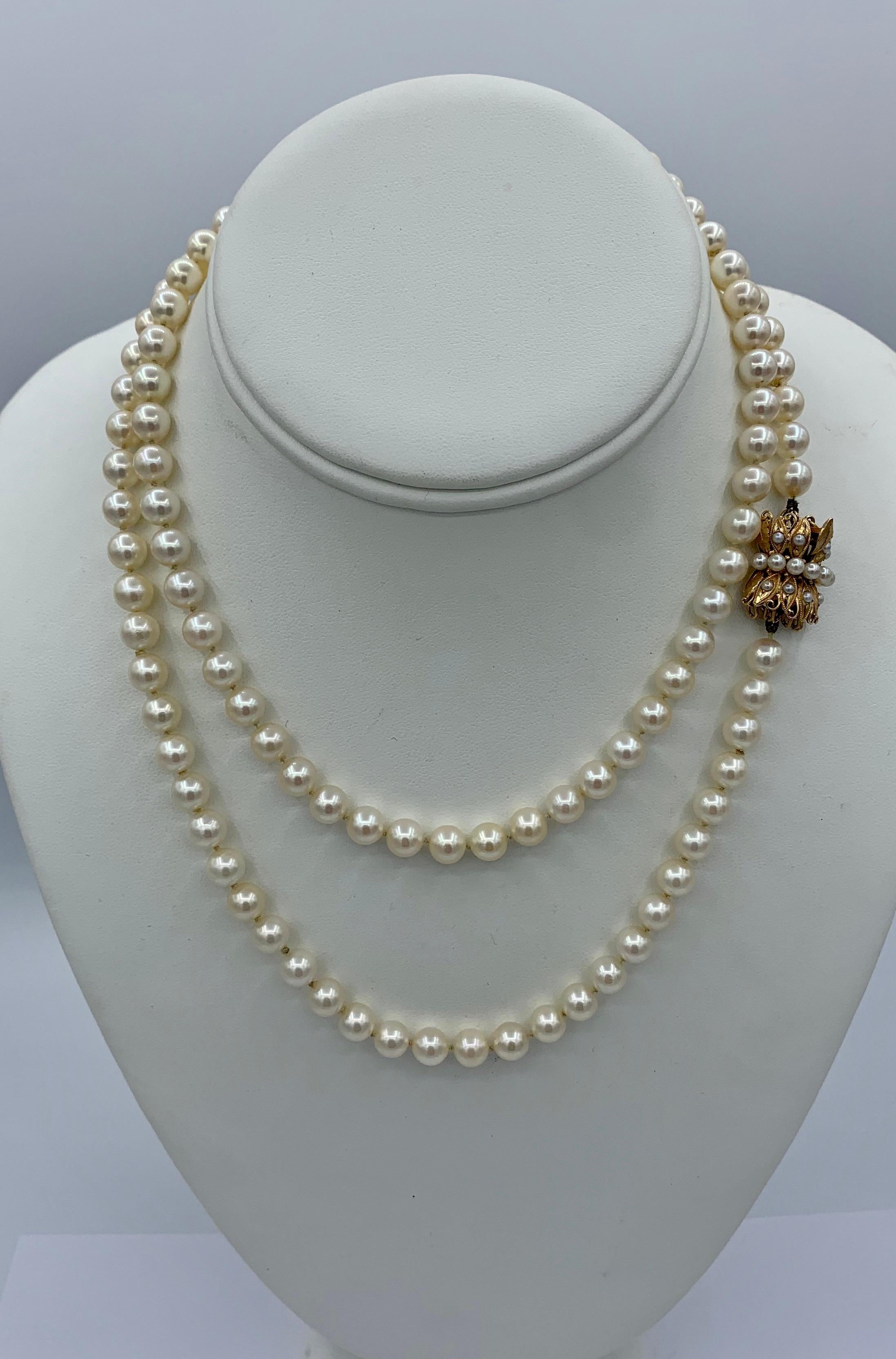 Women's or Men's 33.5 Inch Pearl Necklace Retro 14 Karat Gold Clasp Ambassador Galbraith Estate