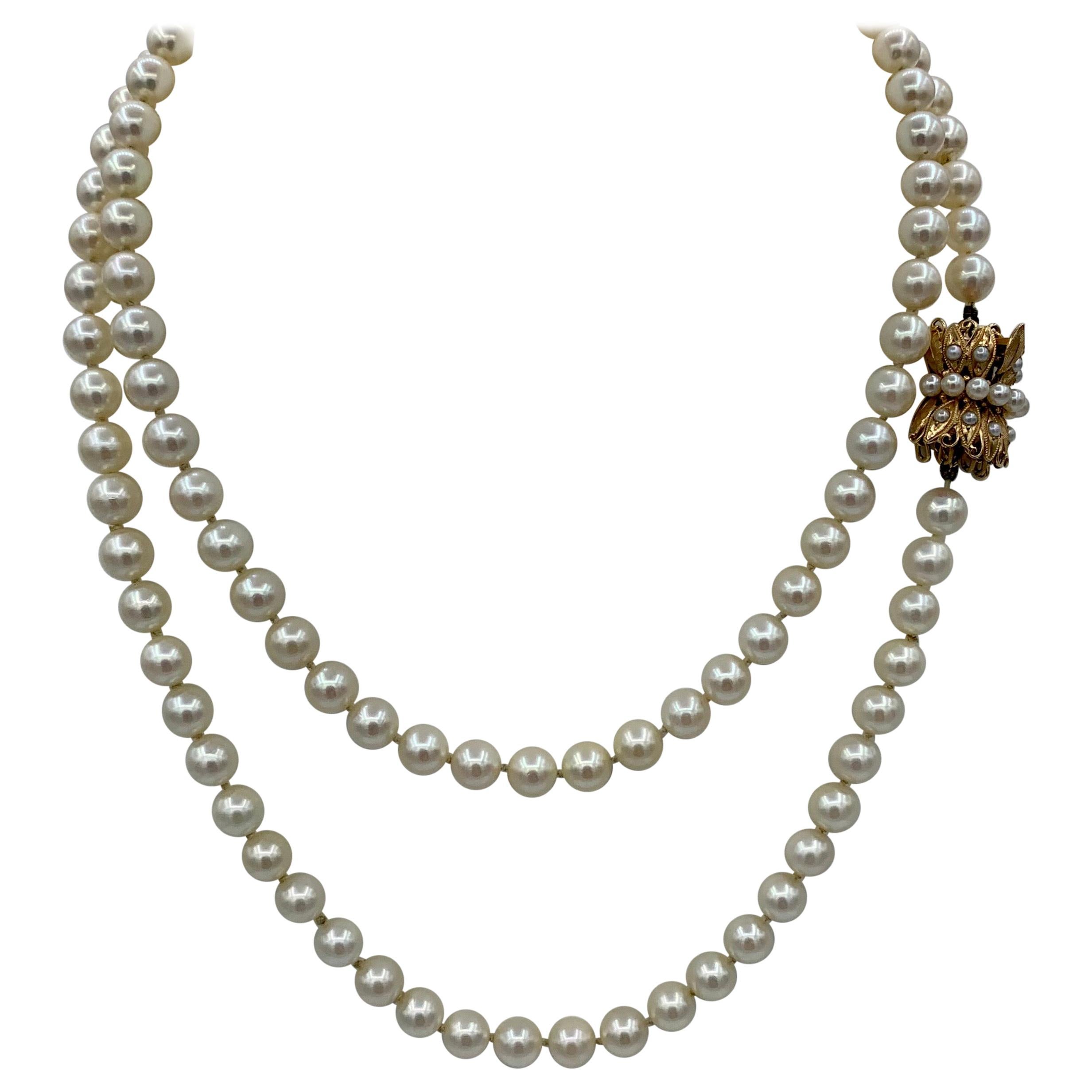 Pearl Necklace Retro 14 Karat Gold Clasp Ambassador Galbraith Estate For Sale