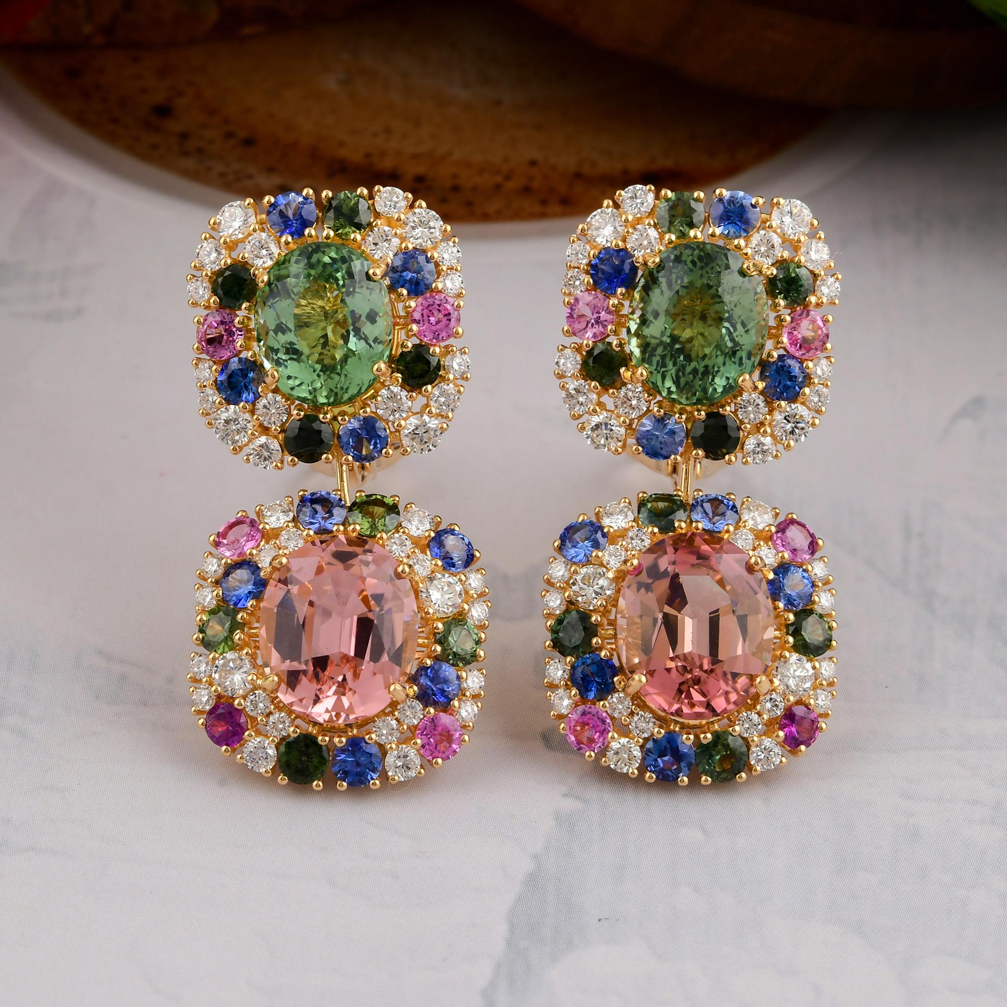 33,52 Karat Multi Turmalin SI/HI 3,83 Karat Diamant Ohrringe 18k Gelbgold (Art déco) im Angebot