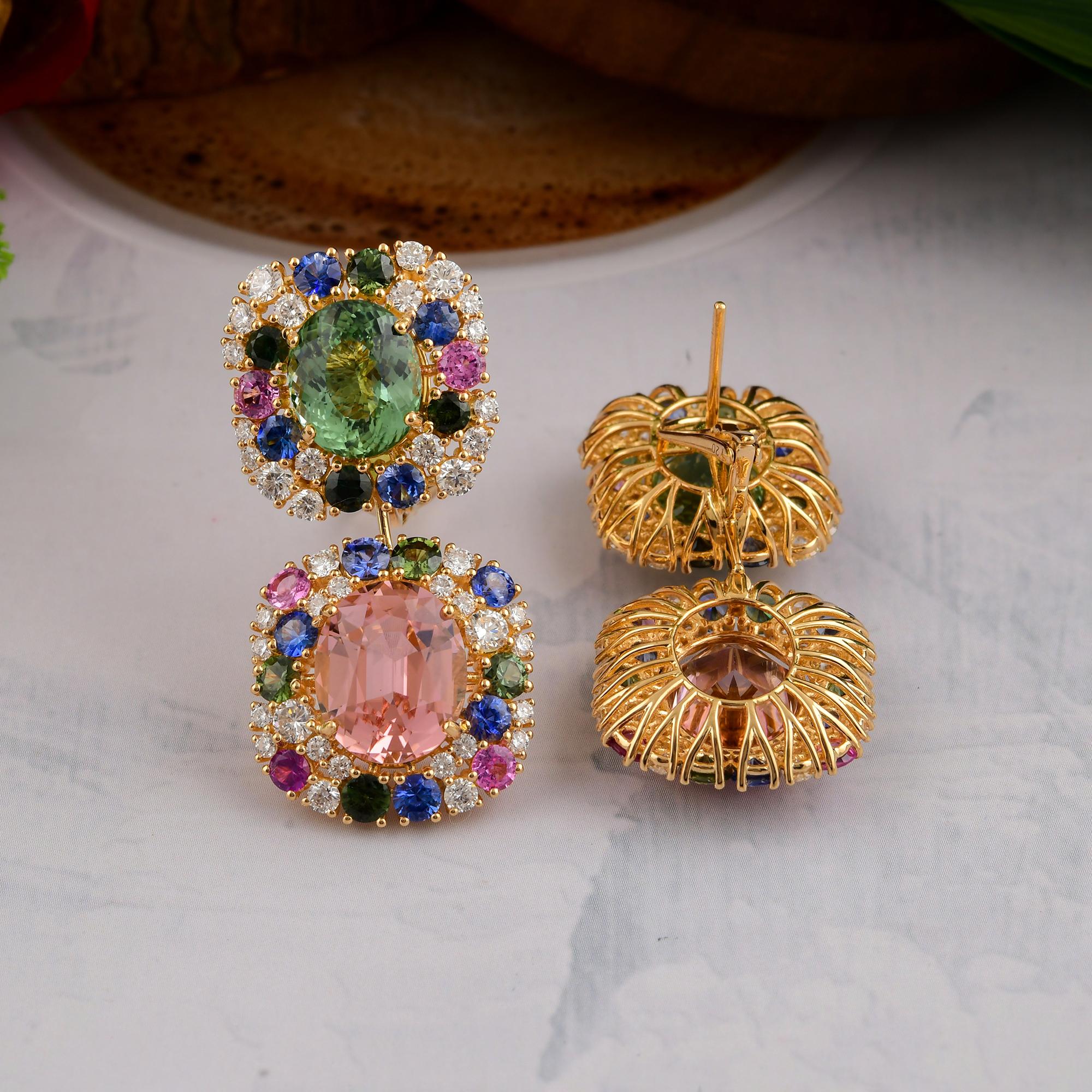 33,52 Karat Multi Turmalin SI/HI 3,83 Karat Diamant Ohrringe 18k Gelbgold Damen im Angebot