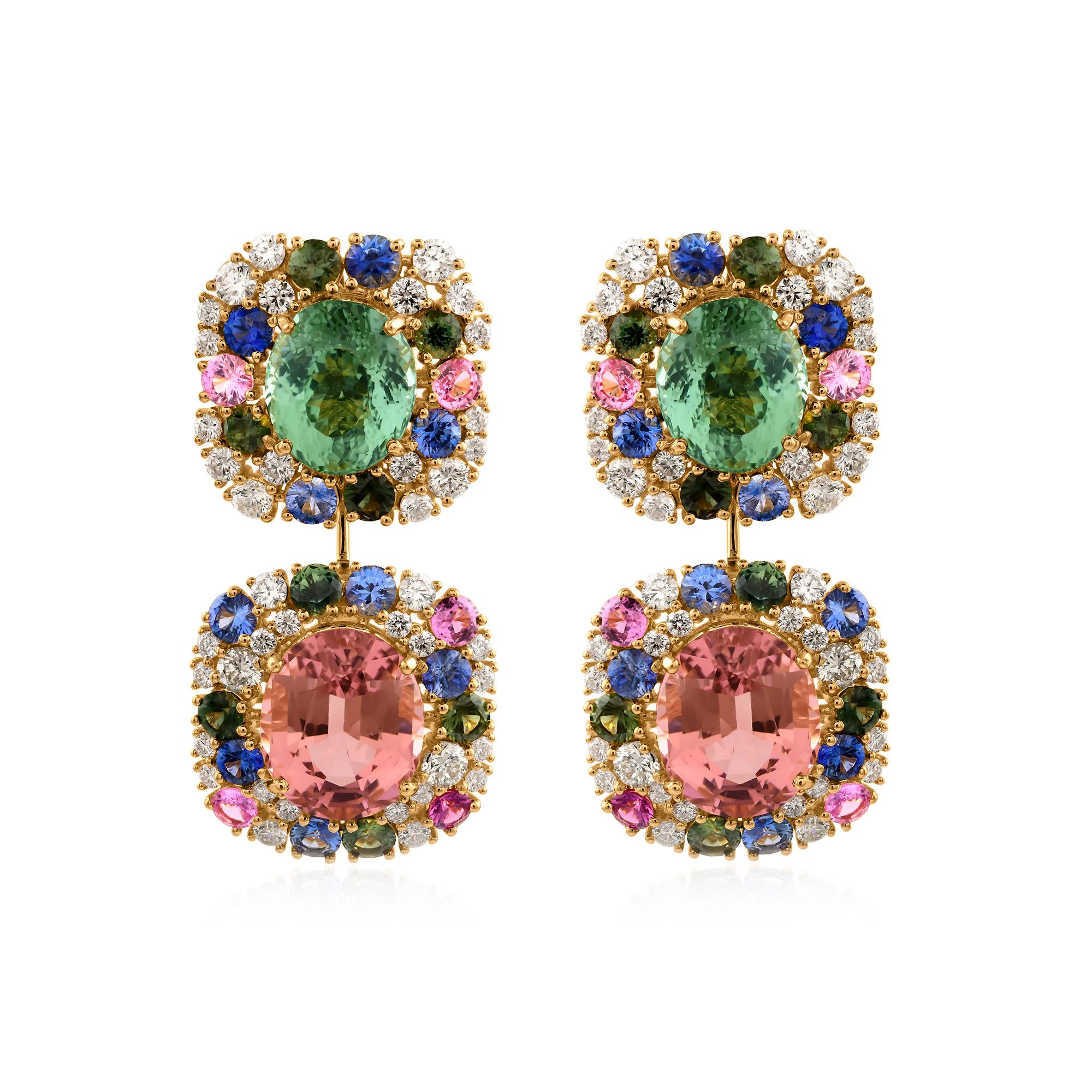 33,52 Karat Multi Turmalin SI/HI 3,83 Karat Diamant Ohrringe 18k Gelbgold im Angebot 2