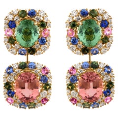 33,52 Karat Multi Turmalin SI/HI 3,83 Karat Diamant Ohrringe 18k Gelbgold