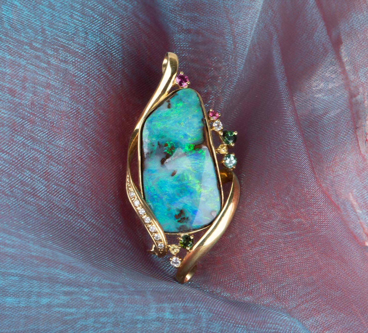 Uncut 33.53ct Australian Boulder Opal Pendant Brooch Combo 18K Gold V1127 For Sale