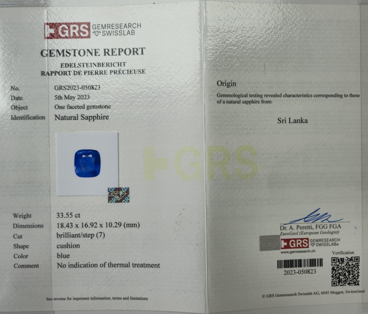 Women's or Men's 33.55ct Bleu Cushion shape Sri Lankan Natural Sapphire No Heat Certified By GRS For Sale