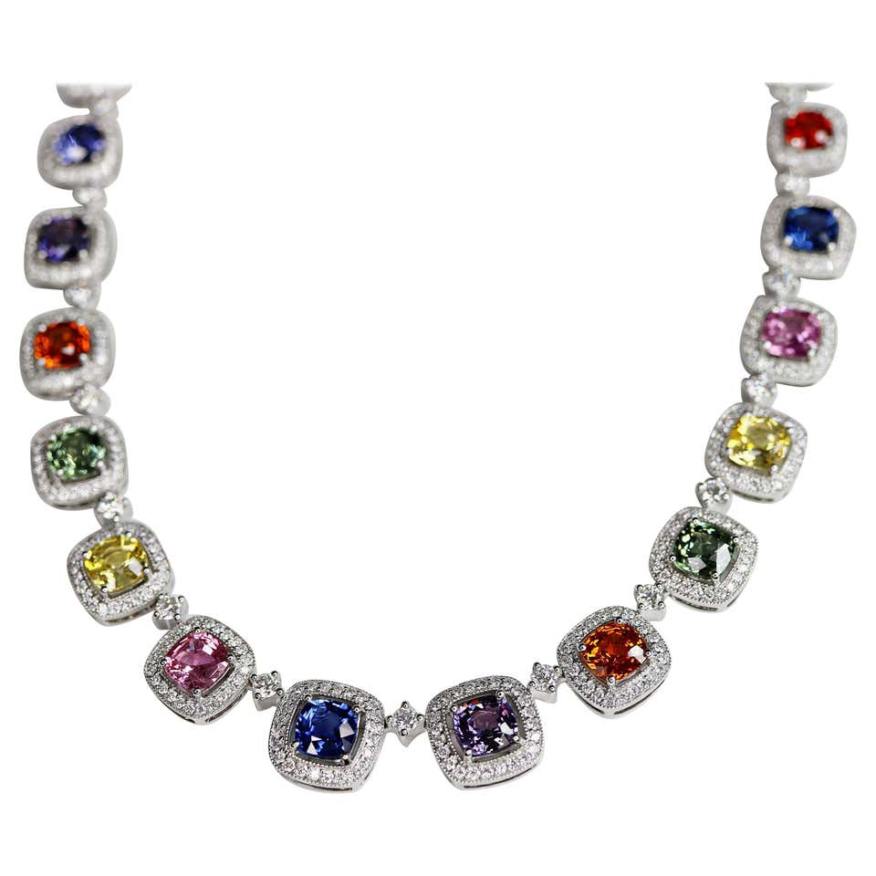 Multi Color Diamonds 33.58 Carat Multi-Color Sapphires and Diamonds Necklace For Sale at 1stDibs