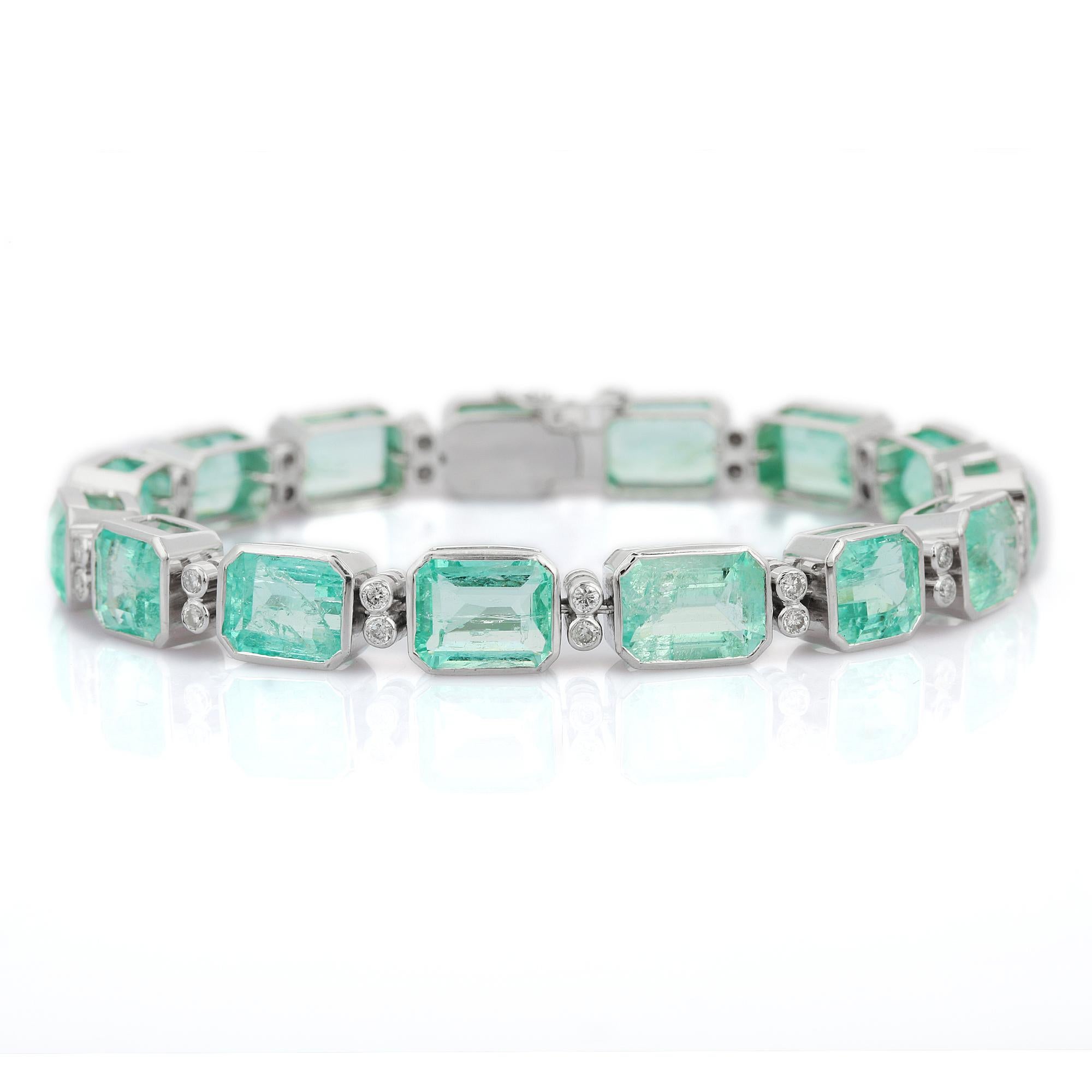 33.58 Carat Octagon Cut Emerald Tennis Bracelet with Diamonds in 18K White Gold For Sale