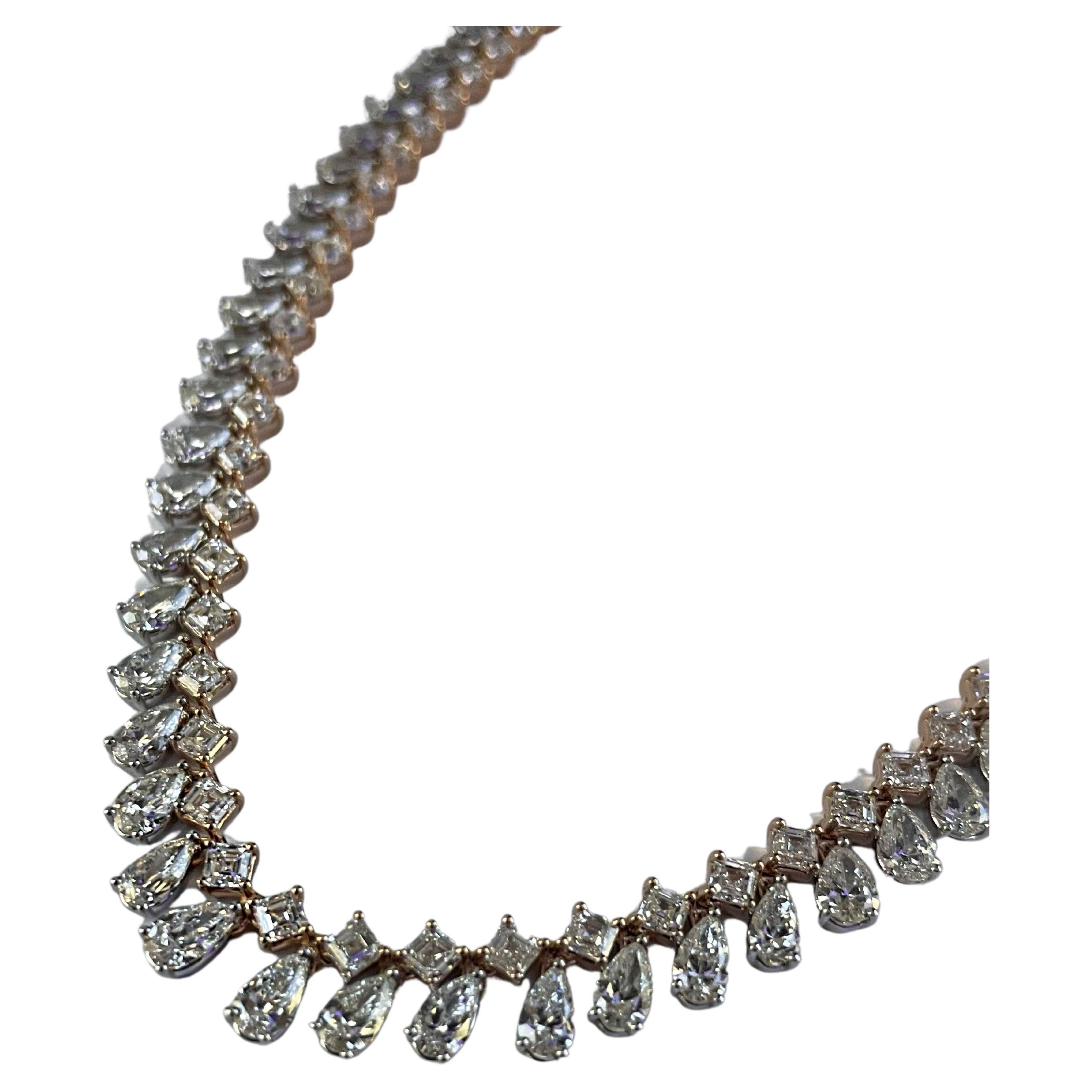 33.58ct Fancy Shape Unique Diamond Tennis Necklace, White Gold 
Rose Gold