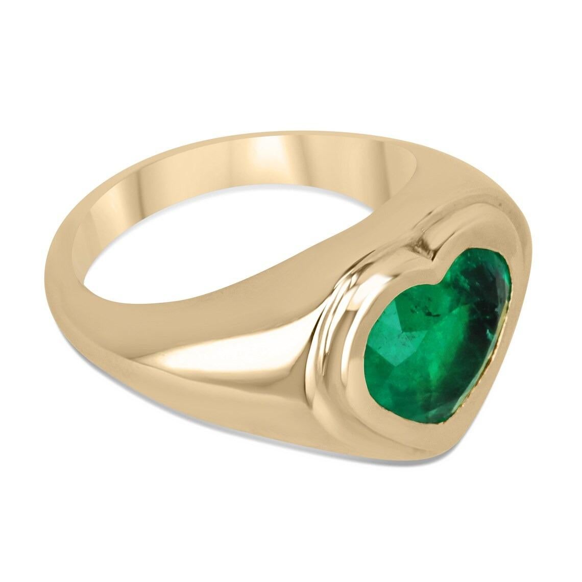 This exquisite ring boasts a fine quality 3.35-carat natural Colombian emerald in a heart cut, a rare and remarkable gem that is sure to turn heads. The emerald has a vivid dark rich green color and excellent luster of AAA quality, making it a truly