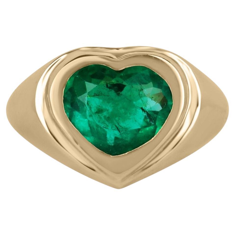 3.35ct 18K AAA Fine Quality Heart Cut Colombian Emerald Bezel Set Solitaire Ring