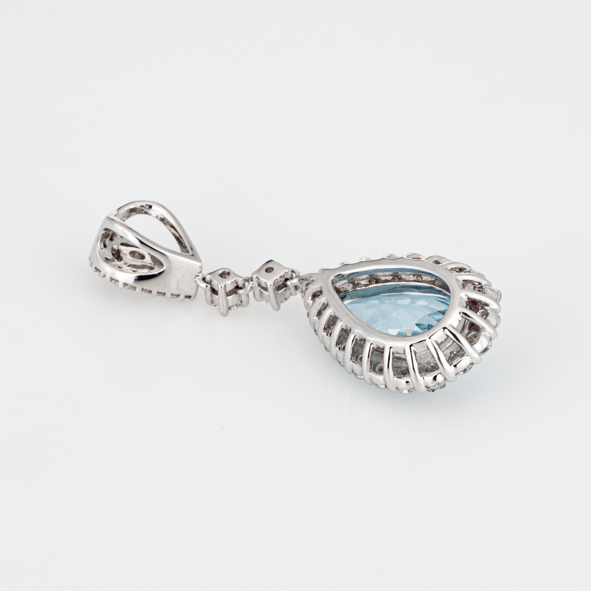 Stylish aquamarine & diamond pendant crafted in 18 karat white gold. 

Faceted pear cut aquamarine is estimated at 3.35 carats. Diamonds total an estimated 0.50 carats (estimated at H-I color and VS2-SI2 clarity). 

The elegant contemporary pendant