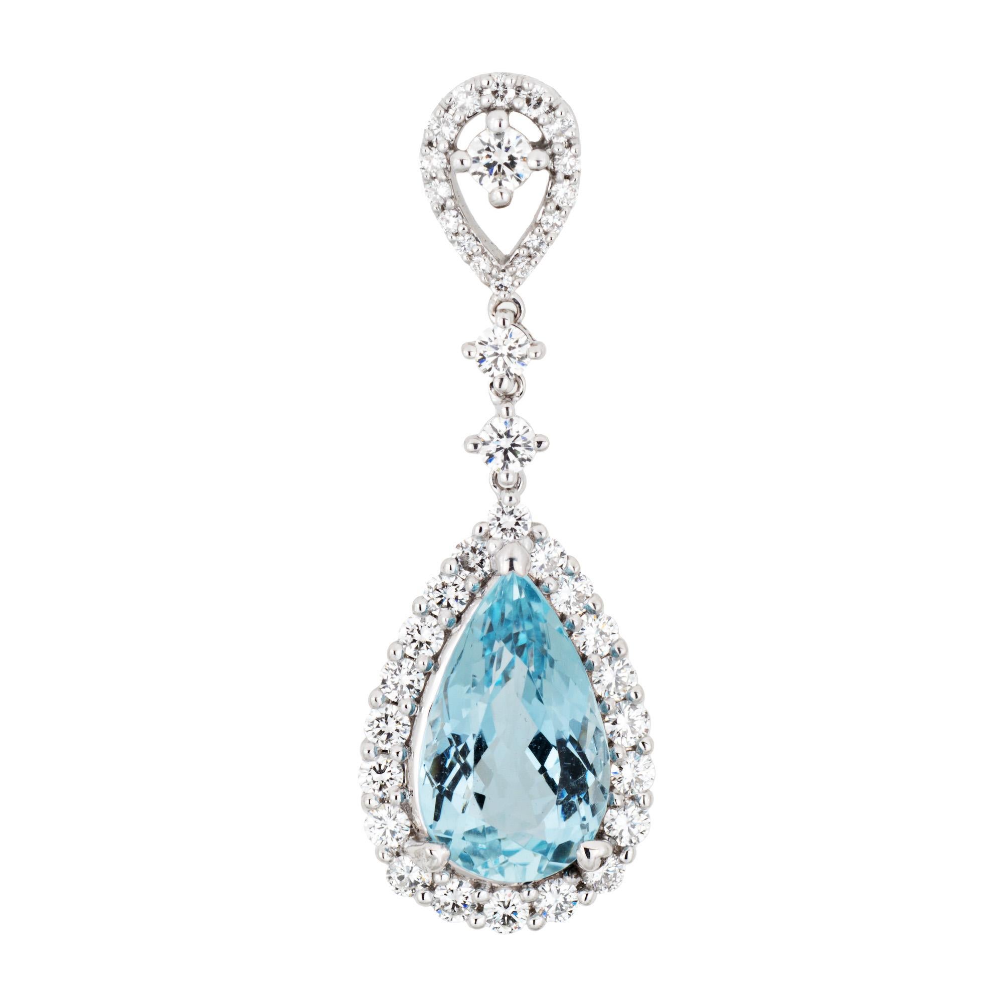 Contemporary 3.35ct Aquamarine Diamond Pendant Estate 18k White Gold Pear Fine Jewelry For Sale
