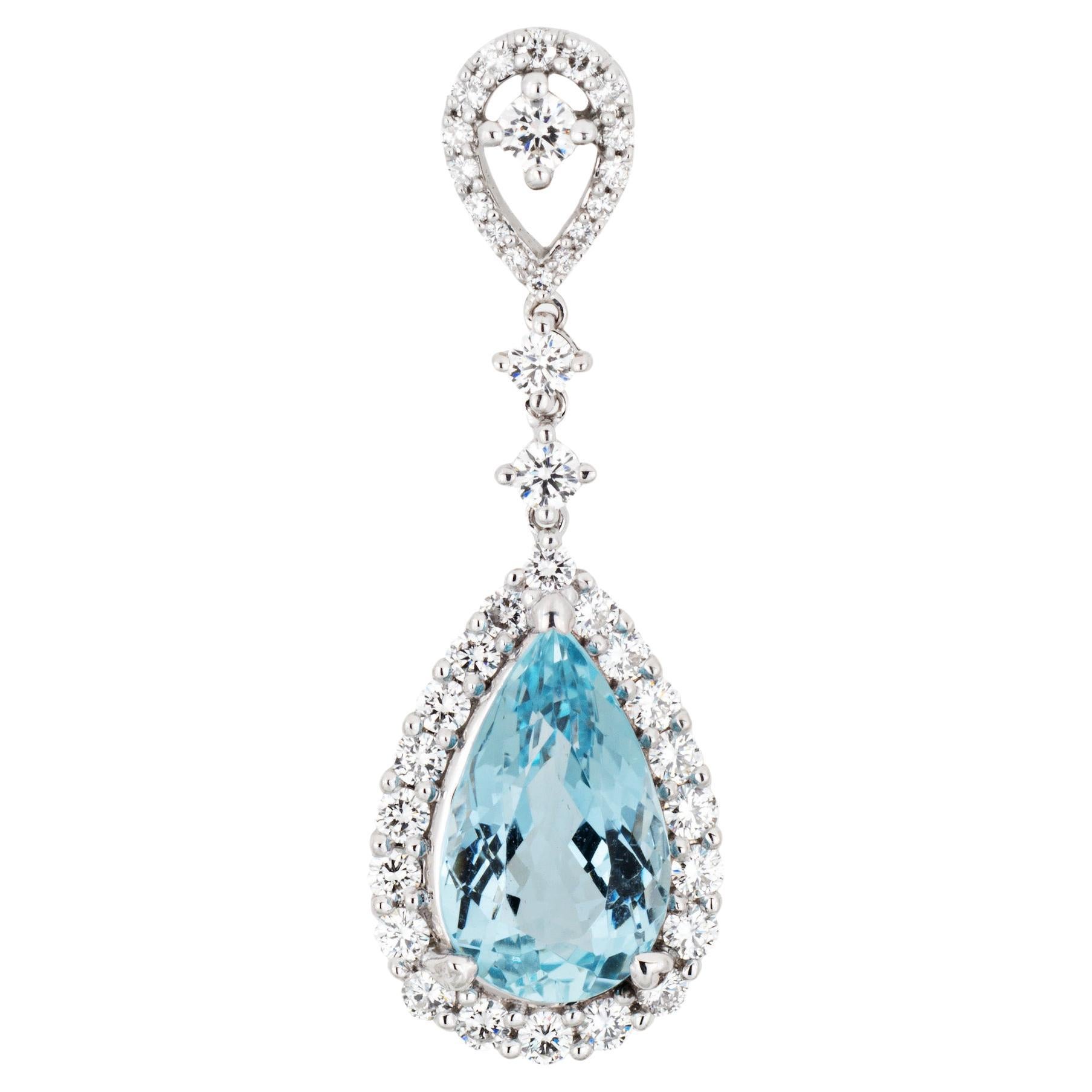 3.35ct Aquamarine Diamond Pendant Estate 18k White Gold Pear Fine Jewelry
