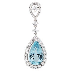 3.35ct Aigue-marine Diamant Pendentif Estate 18k White Gold Pear Fine Jewelry