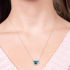 3.35 Carat Australian Blue/Green Opal with 0.27 Carat Diamond Halo Necklace