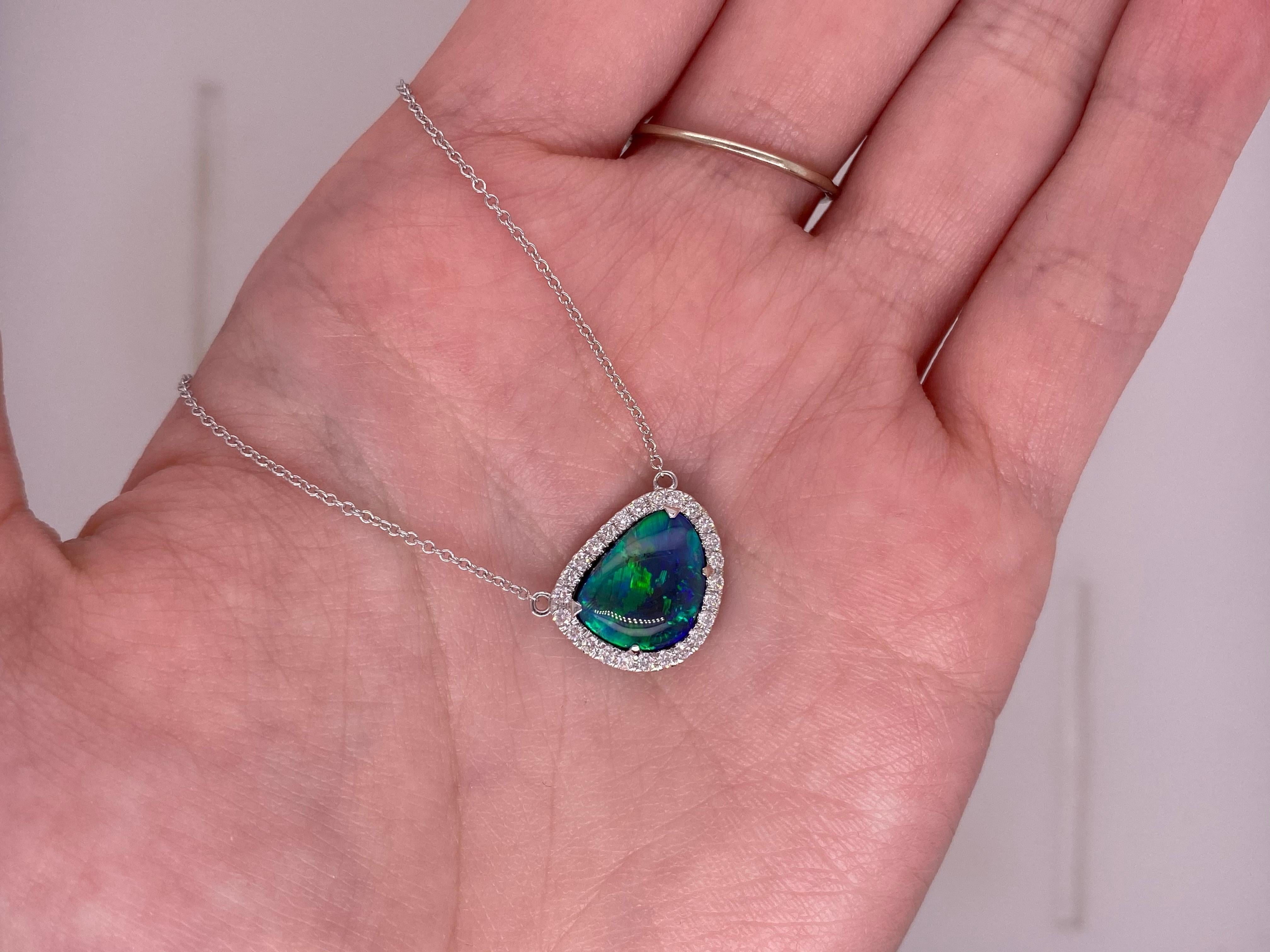 Round Cut 3.35 Carat Australian Blue/Green Opal with 0.27 Carat Diamond Halo Necklace