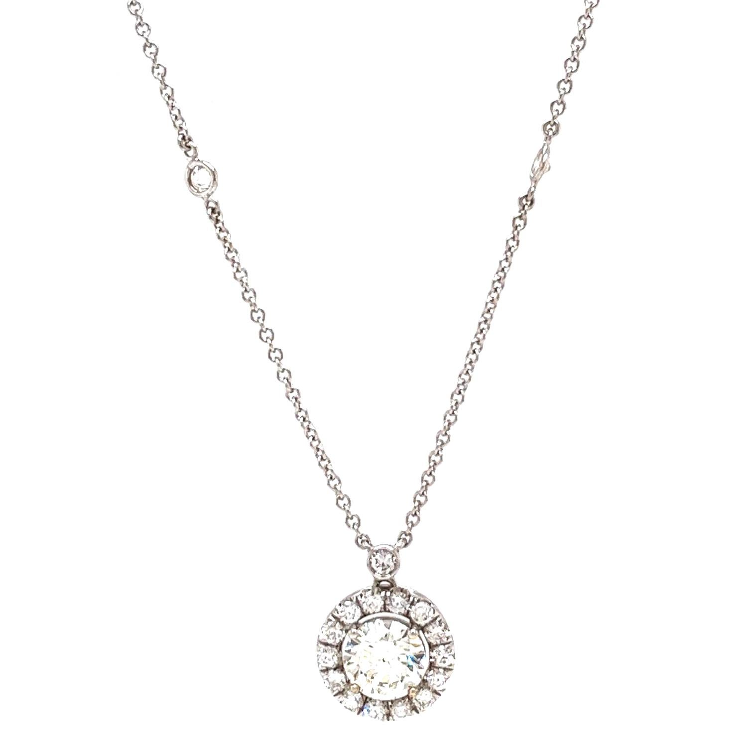 Modernist 3.35ct Natural Round Diamond Halo Pendant Station Necklace in 14K White Gold For Sale